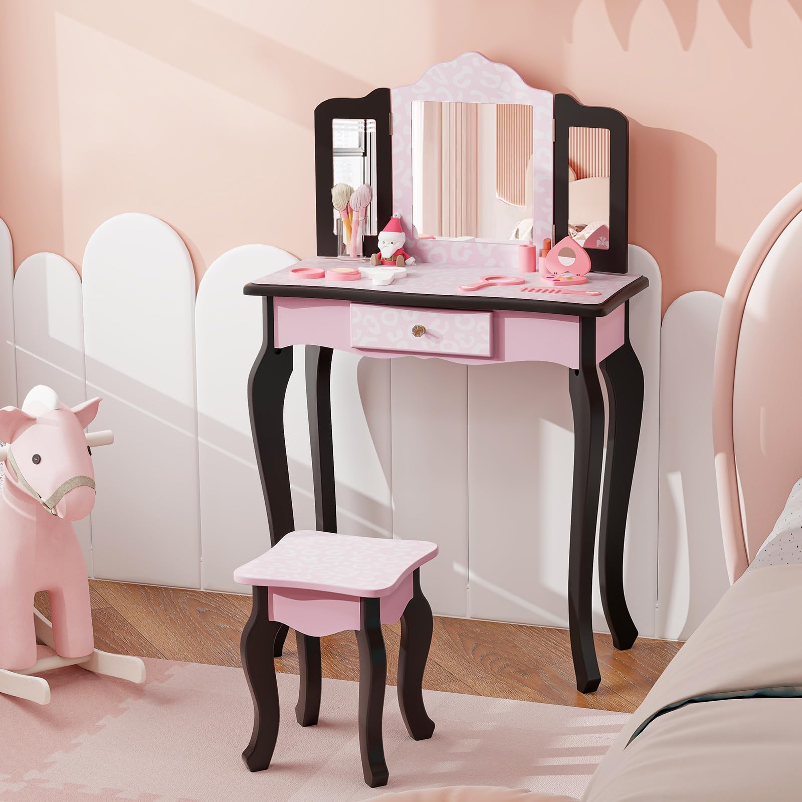 HONEY JOY Kids Vanity, Toddler Vanity Set with Tri-Folding Mirror and Stool, Children Makeup Vanity Dressing Table for Little Girls, Pretend Play Kids Vanity Table and Chair Set (Pink Leopard Print)
