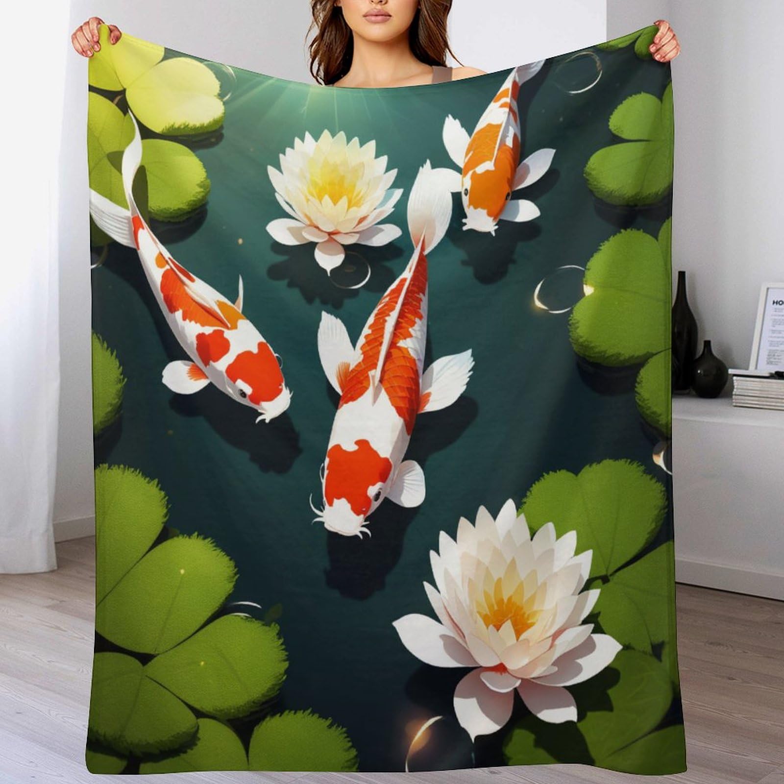 Mantas de franela de pescado Koi manta auxiliar para salón sofá y terrazas cubiertas