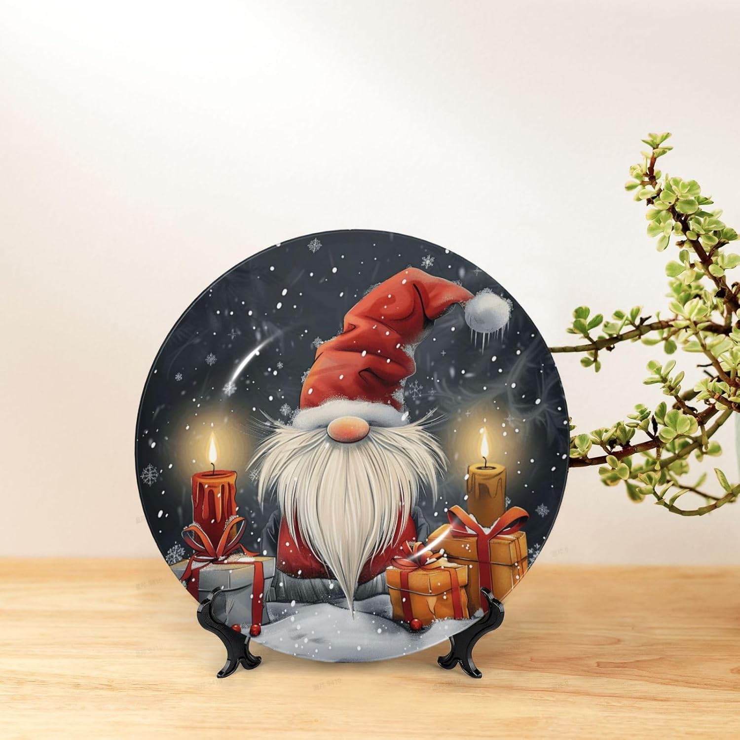 Christmas Cute Gnome Circle Decorative Porcelain Plates with Stand, 8" Hanging Bone China Art Plates for Home Hallway Wall Office Table Décor