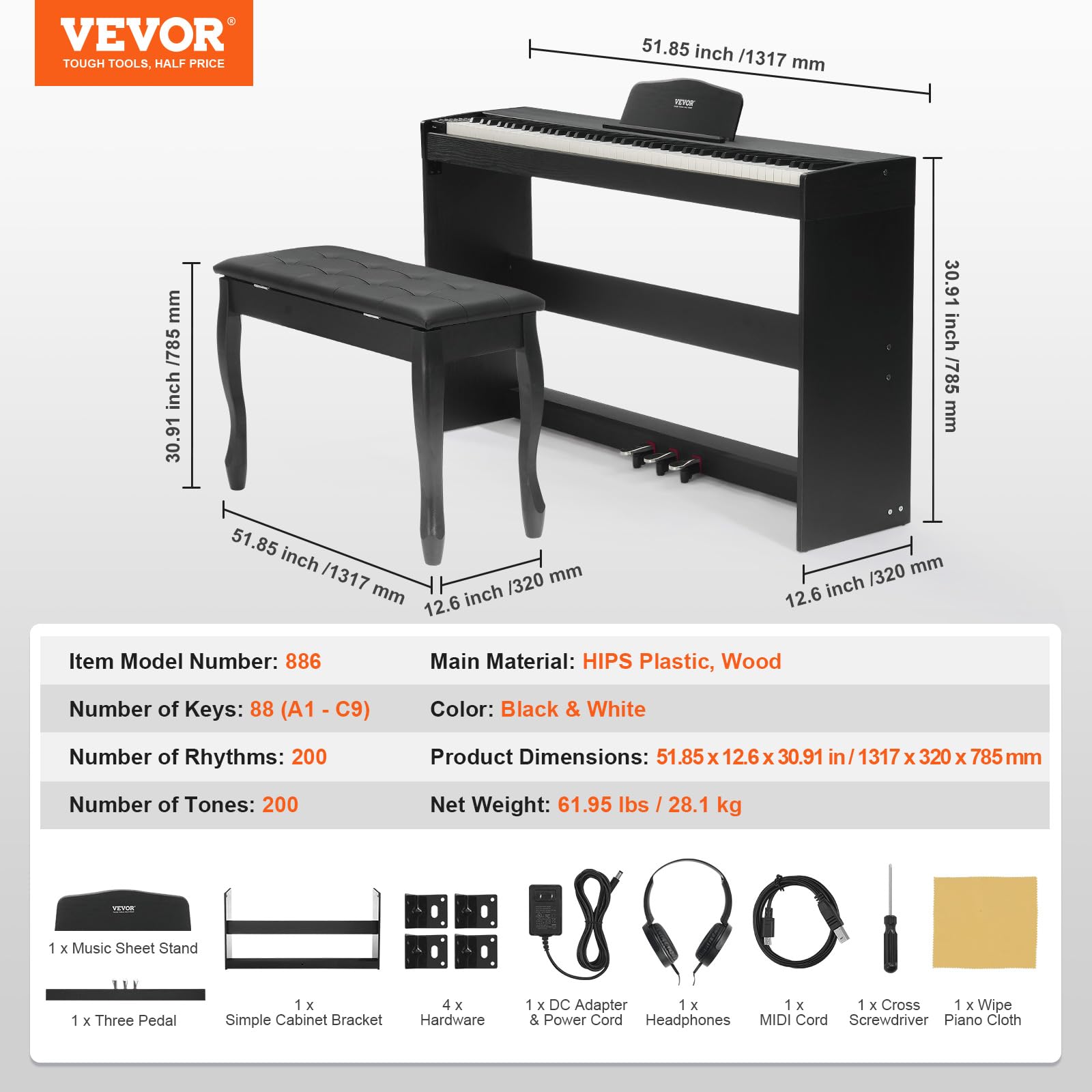 VEVOR Pianoforte Digitale con 88 Tasti Completamente Pesati, Tastiera Elettrica Set Pianoforte con Doppia Tastiera, Altoparlanti, Doppia Panca, Pianoforte 200 Suoni e Ritmi, Bluetooth USB MIDI