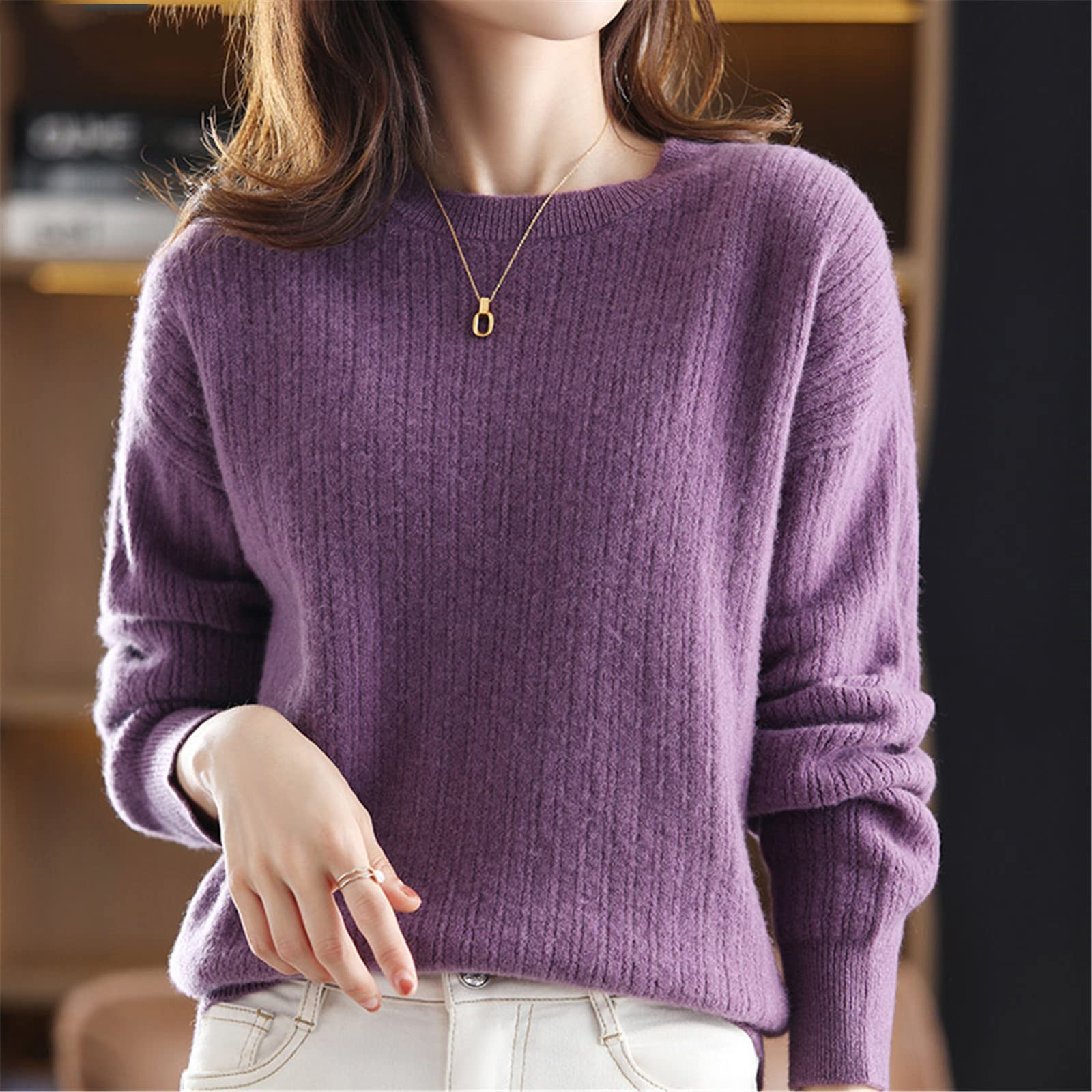 Kelsiop Suéter de cachemira 100% lana merino para mujer, cuello redondo, suéter de punto casual, chaqueta de otoño e invierno
