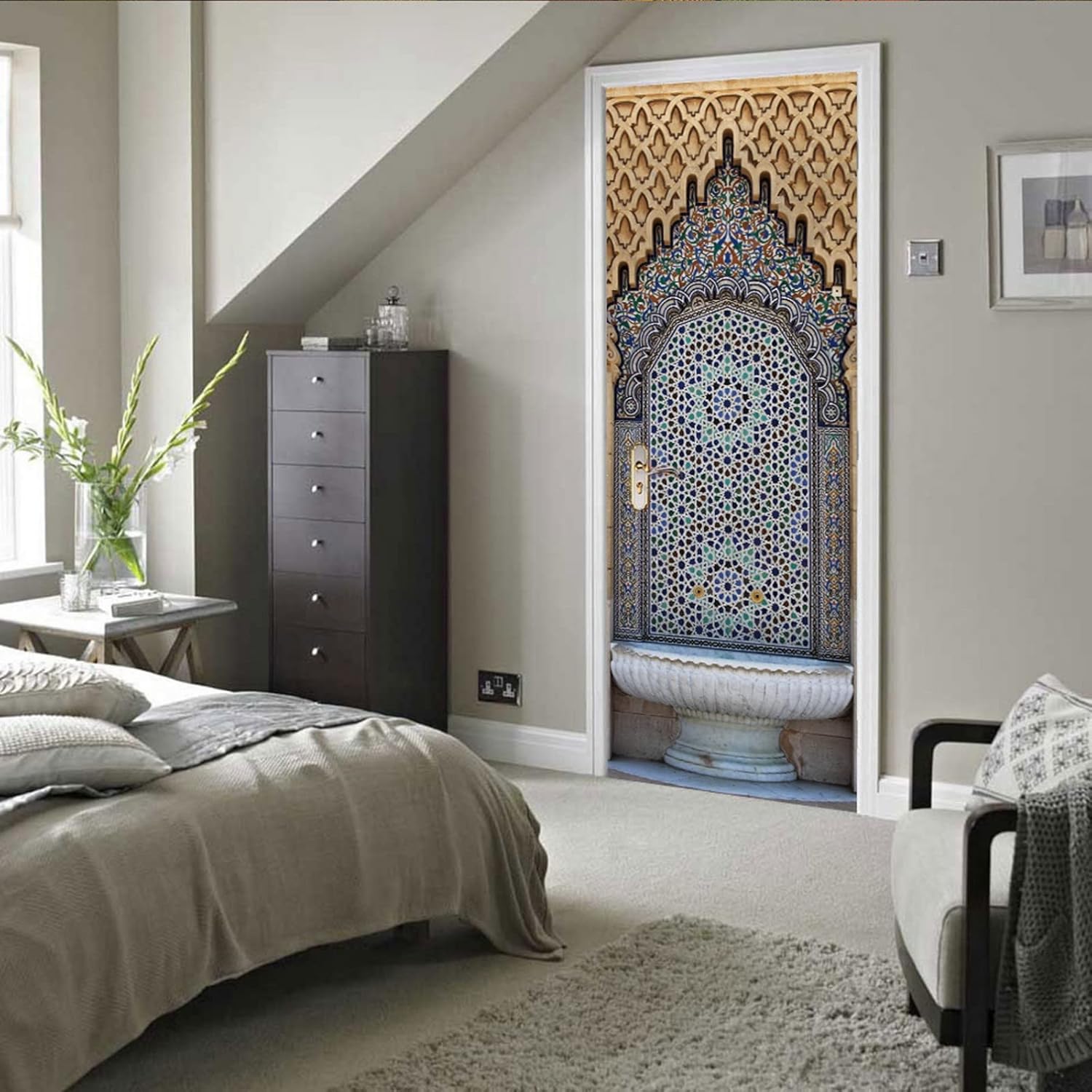 A.Monamour 3D Door Stickers for Interior Doors Moroccan Style Ancient Water Fountain with Colorful Mosaic Tiles Vinyl Removable Self Adhesive Door Poster Wallpaper Mural Decals for Bedroom 95 x 215 cm