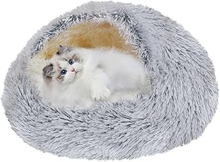 Deblue Soft Cat Beds for Indoor Cats, Round Warm Cat Beds with Hooded Cover, Waterproof Bottom Long Plush Sleeping Cozy Pet Bed for Puppies and Cats Dia 24