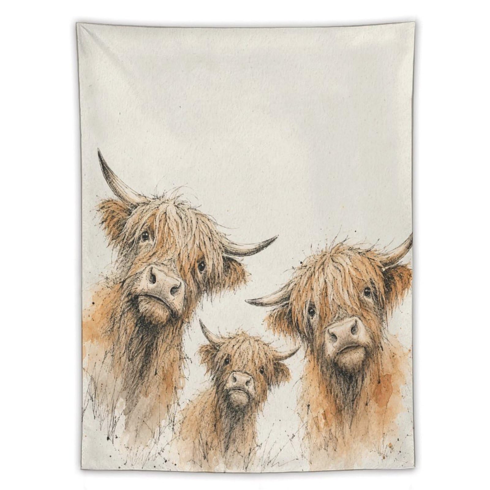 W7C8U2X3 Highland Cow Family Wall Tapestry, Watercolor, Loose Watercolor