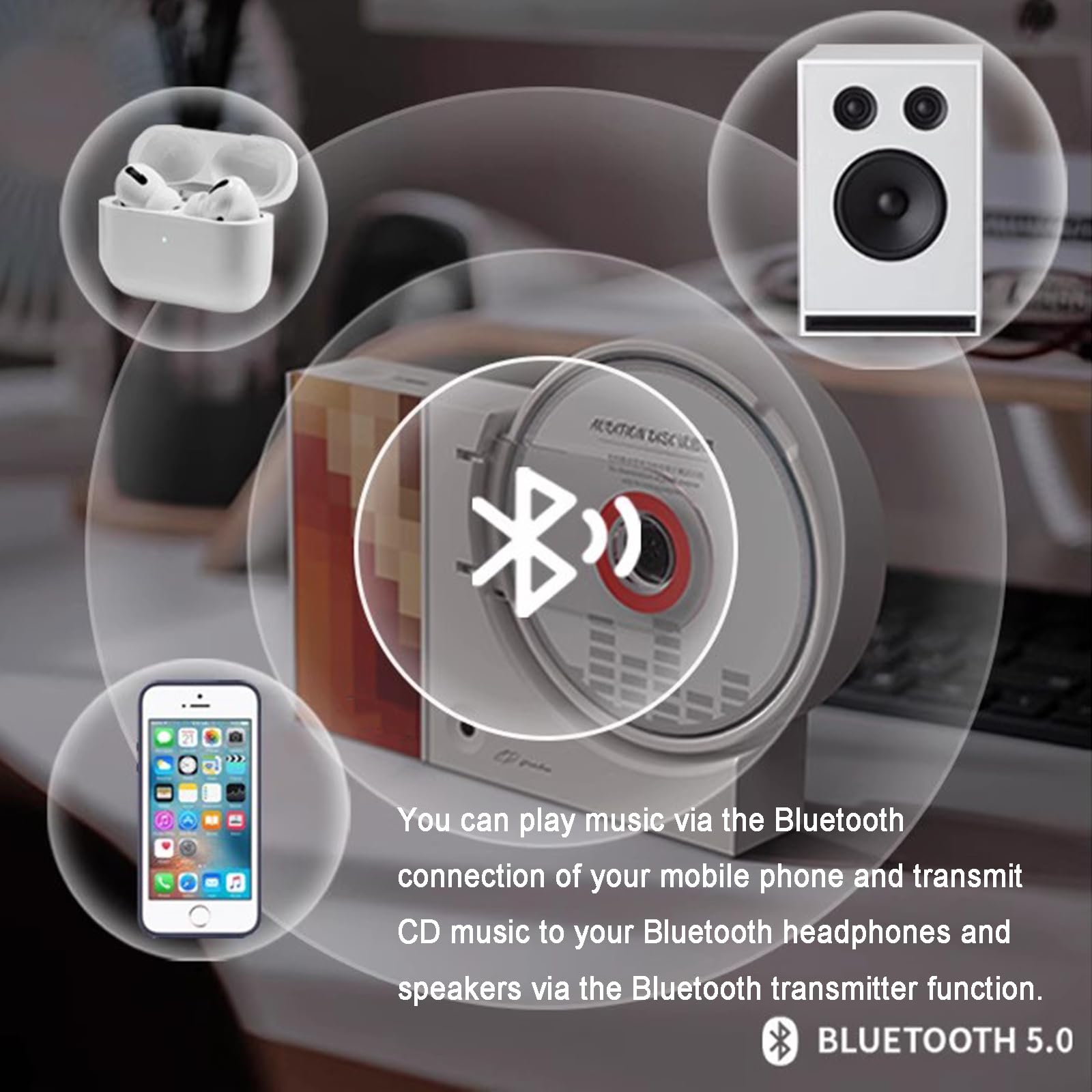 Przenośny odtwarzacz CD Bluetooth z głośnikiem HiFi, pilot zdalnego sterowania, obsługa USB/AUX, do montażu na ścianie i na biurku, dla miłośników muzyki retro