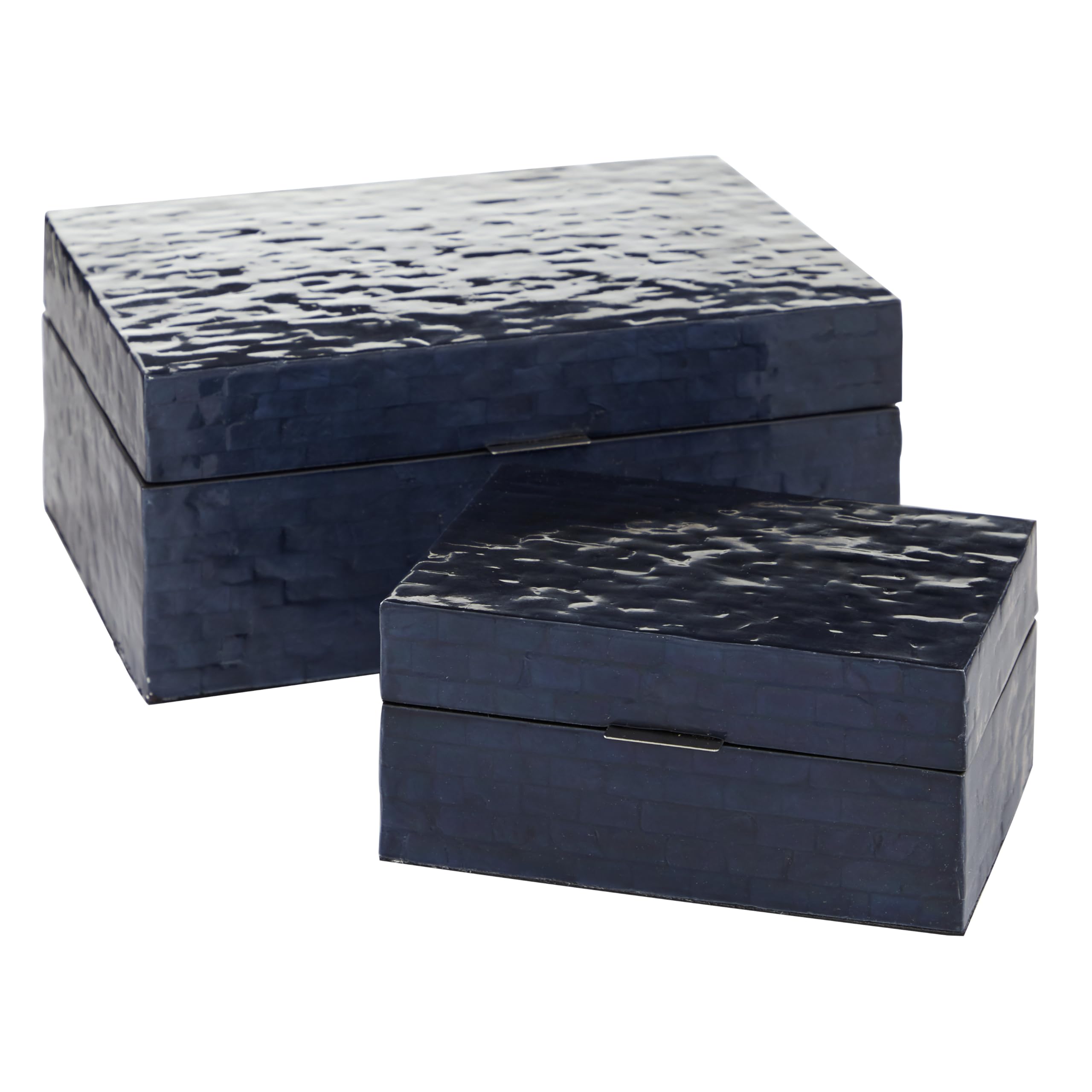Deco 79 Mother of Pearl Handmade Box with Hinged Lid, Set of 2 5", 4"H, Dark Blue