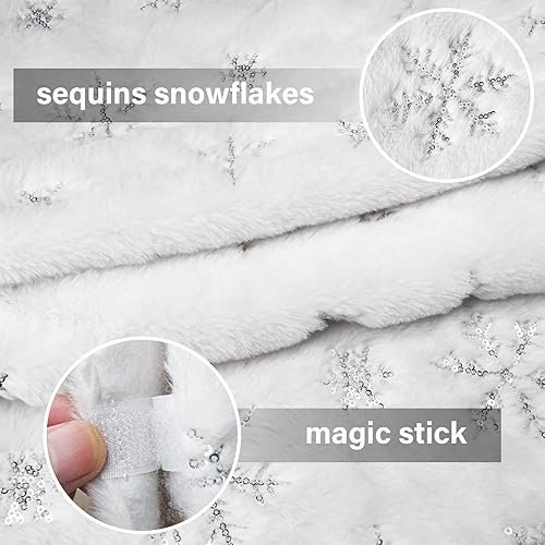 Miniatura 3 de Falda de árbol de Navidad de piel sintética, 48 pulgadas, falda de árbol de piel sintética blanca nevada con lentejuelas plateadas, copos de nieve