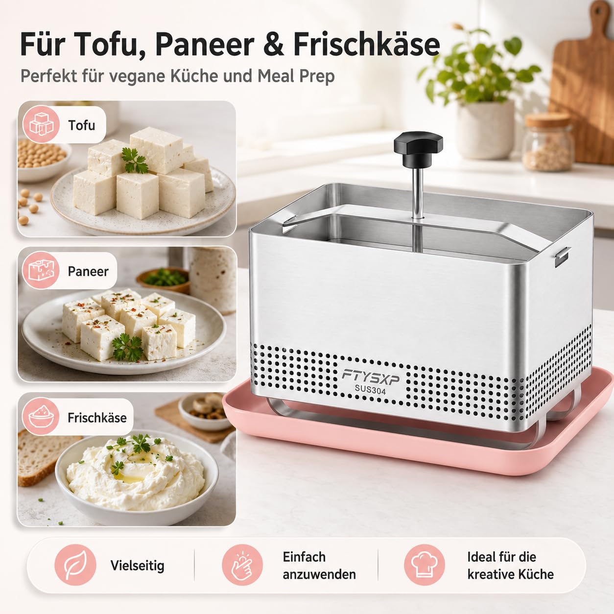 Prensa de tofu ajustable de acero inoxidable 304, con bandeja de goteo y gasa, sin BPA, apto para lavavajillas, prensa de queso para tofu, paner, queso y verduras (16 x 13 x 13 cm) | Acero inoxidable 304