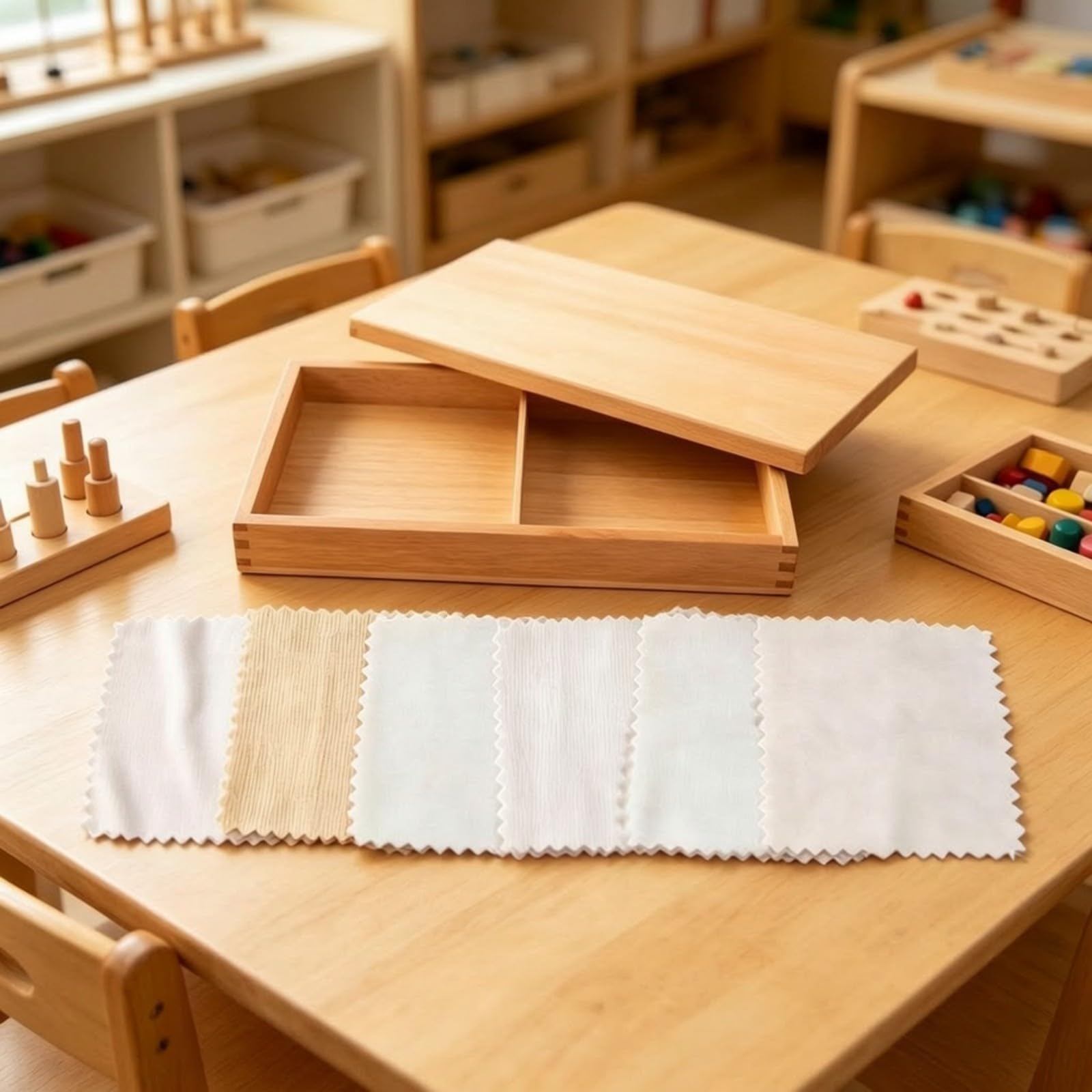 Scatola in Legno con Coperchio e di Stoffa di Stoffa Sicuro Scatola Interattiva Tessuti Lavabile Gioco Sensoriale Metodo Educativo