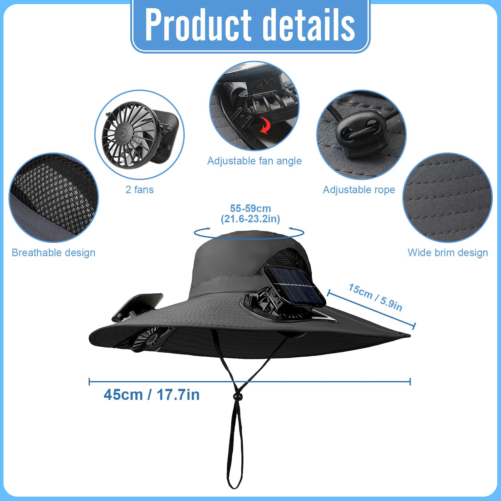 Chapeau de Fan Solaire à Bord Large,Chapeau de Pêche pour Protection Solaire avec 2 Ventilateurs Chapeaus Rafraîchissant avec Solaire Et USB Chargement pour Hommes Femmes