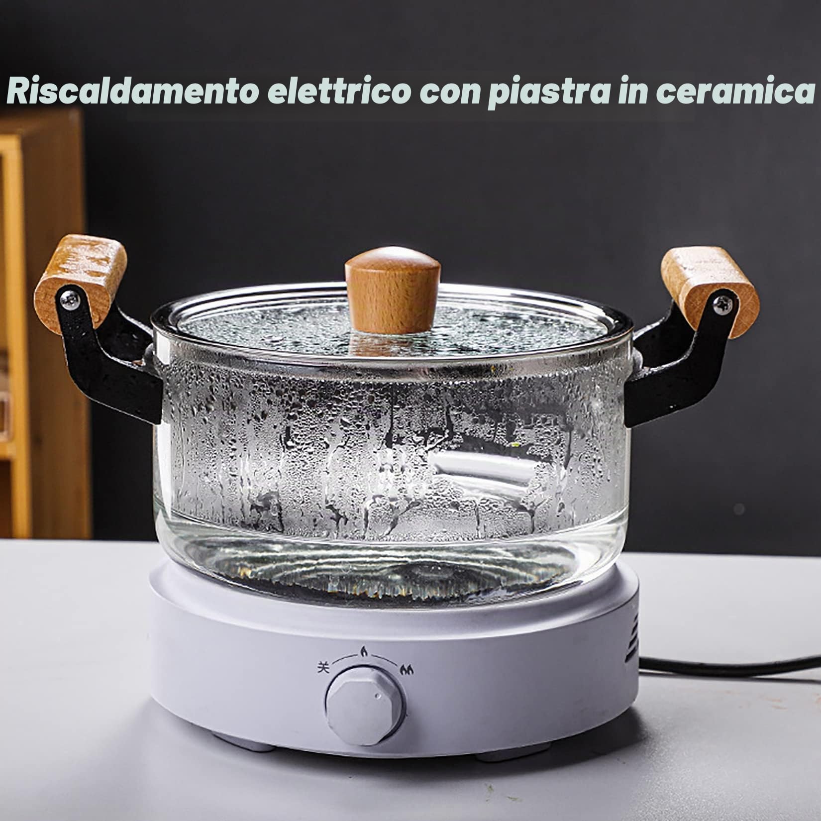 Pentole di Vetro Riscaldabile per Cucinare con Manico in Legno, Pentola in Vetro Trasparente per Ristorante di Cucina Domestica,3.5l