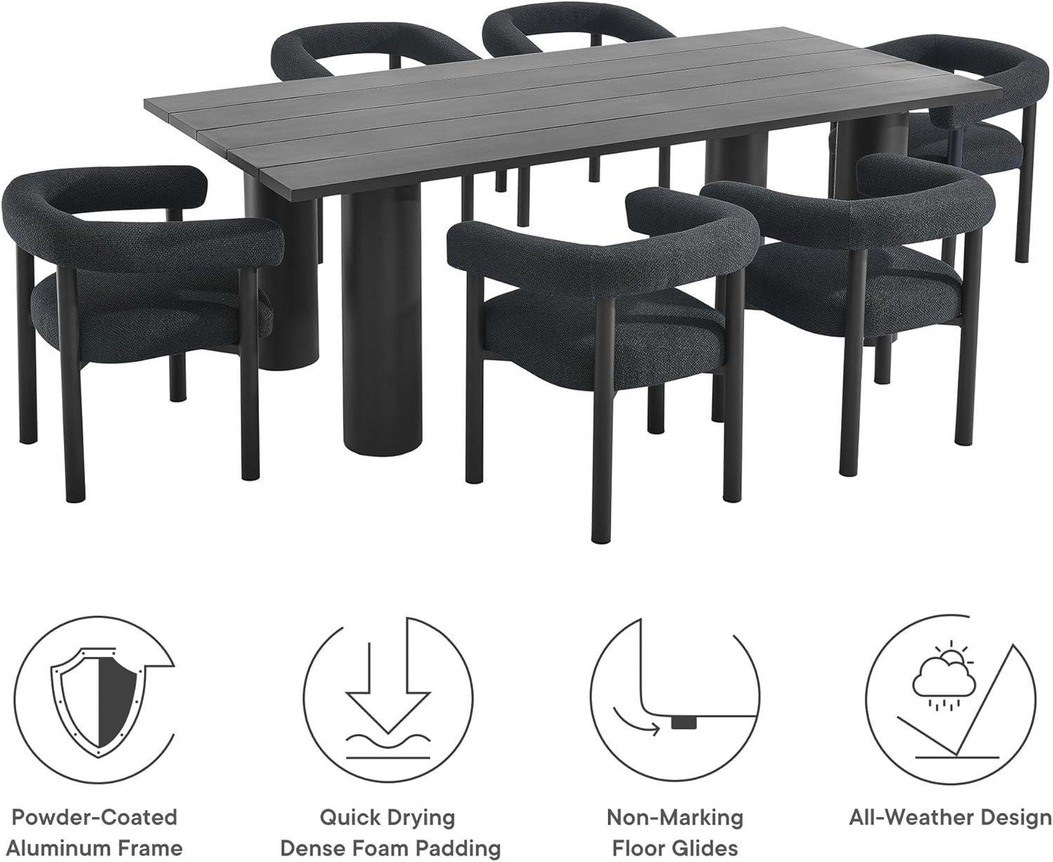 Modway Nautica 7-Piece Outdoor Rectangular Dining Set in Charcoal Graphite – Aluminum Patio Table and Chairs for 6 – Deck Table and Chairs - Outdoor Dining Set with Upholstered Curved Back Armchairs