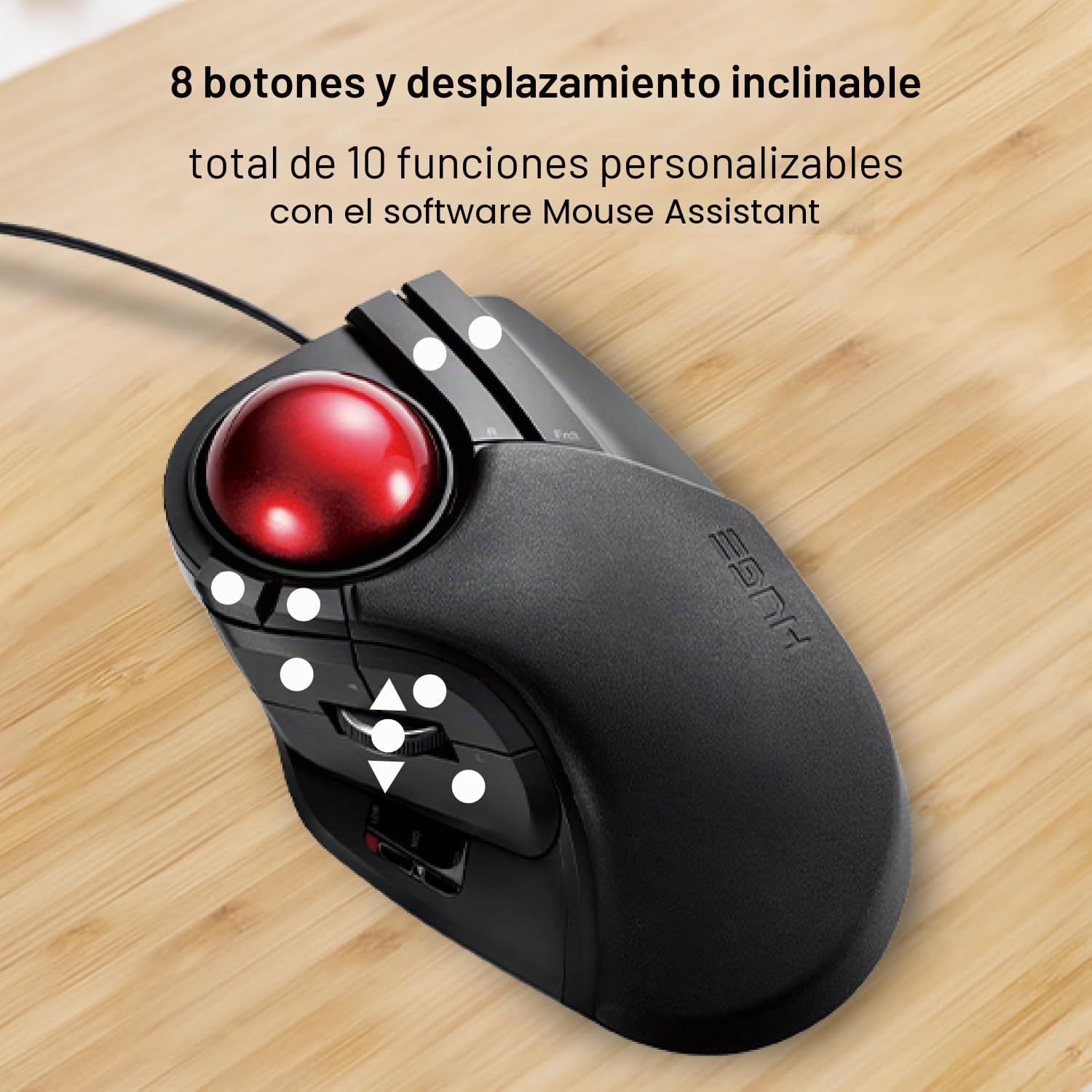 ELECOM Enorme Mouse Trackball, cableado, operado por los Dedos, función de 8 Botones, reposamuñecas Adjunto, Bola roja Lisa de 52 mm Windows11, macOS (M-HT1URBK)
