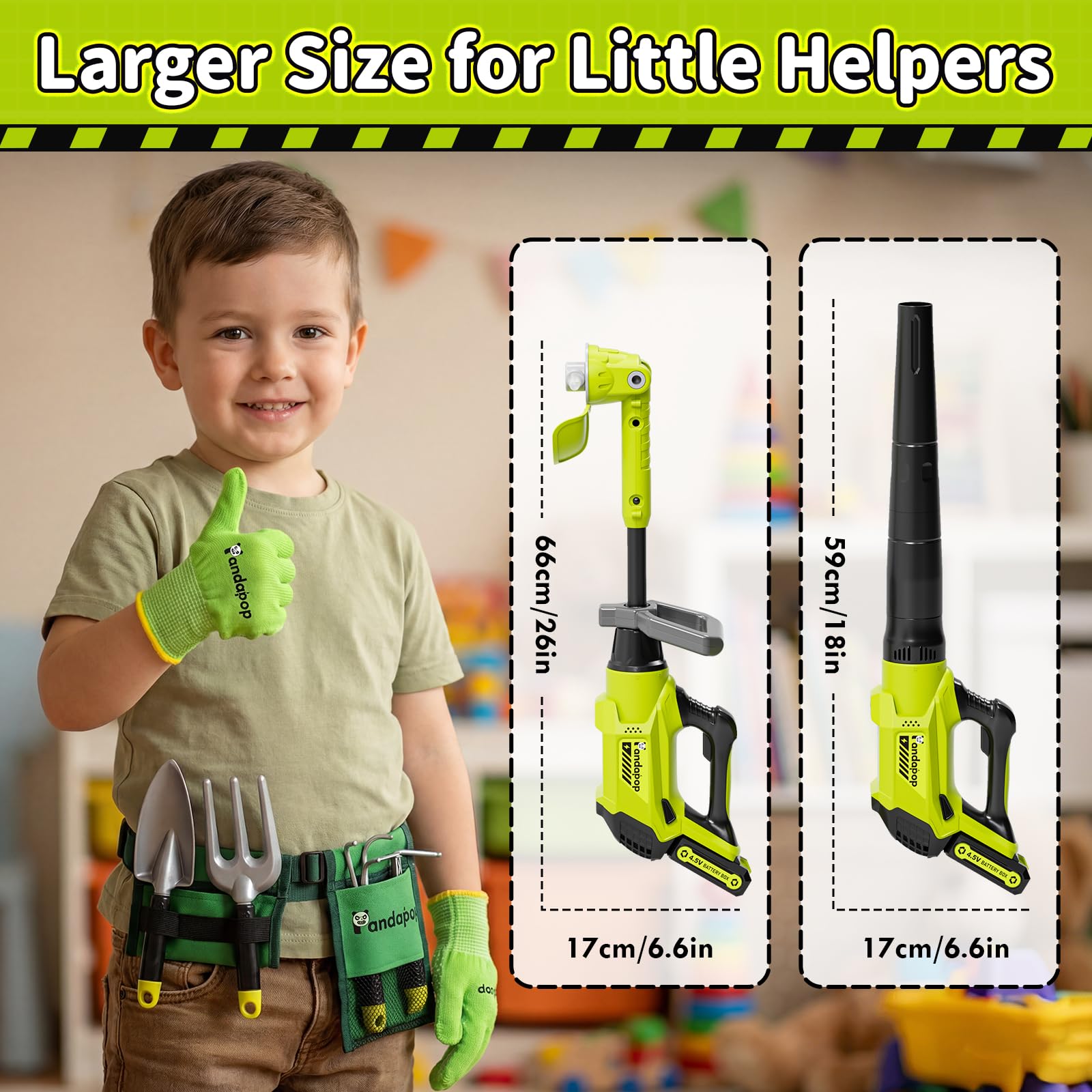 Pandapop 2 in 1 Outils Enfant, Débroussailleuse Enfant avec Lumière, Souffleur Feuille avec Son, Kit Jardinage avec Ceinture Et Gants, Jouet Enfant 3 Ans Garçon