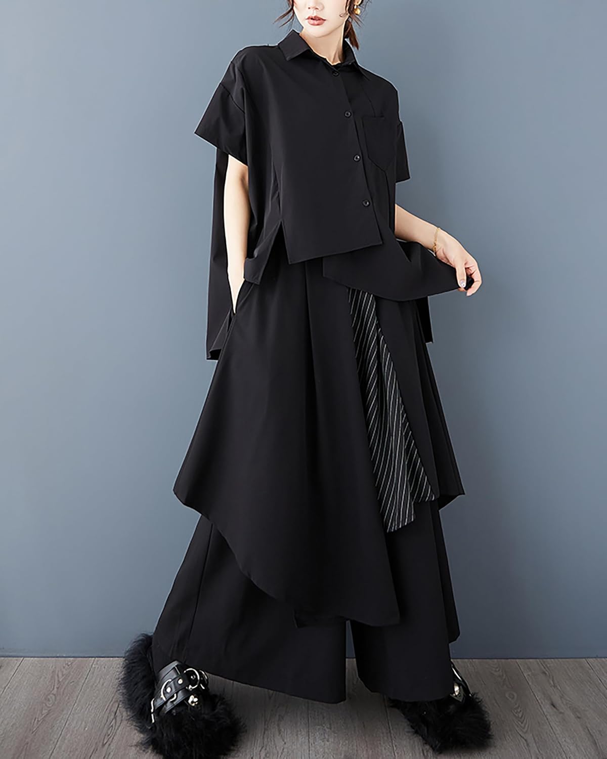 ellazhu Women's Pants Wide Leg Flowy Pocket Patchwork Casual High Waisted Irregular GZ459