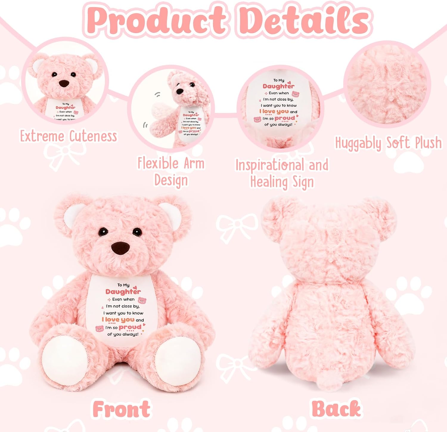 to My Daughter Teddy Bear Plush Toy, Daughter Gifts from Mom Dad, Soft Stuffed Animal with Positive Affirmation Message, Mothers Day Birthday Graduation Gifts for Daughter Women Kids 15" (Pink Curly)