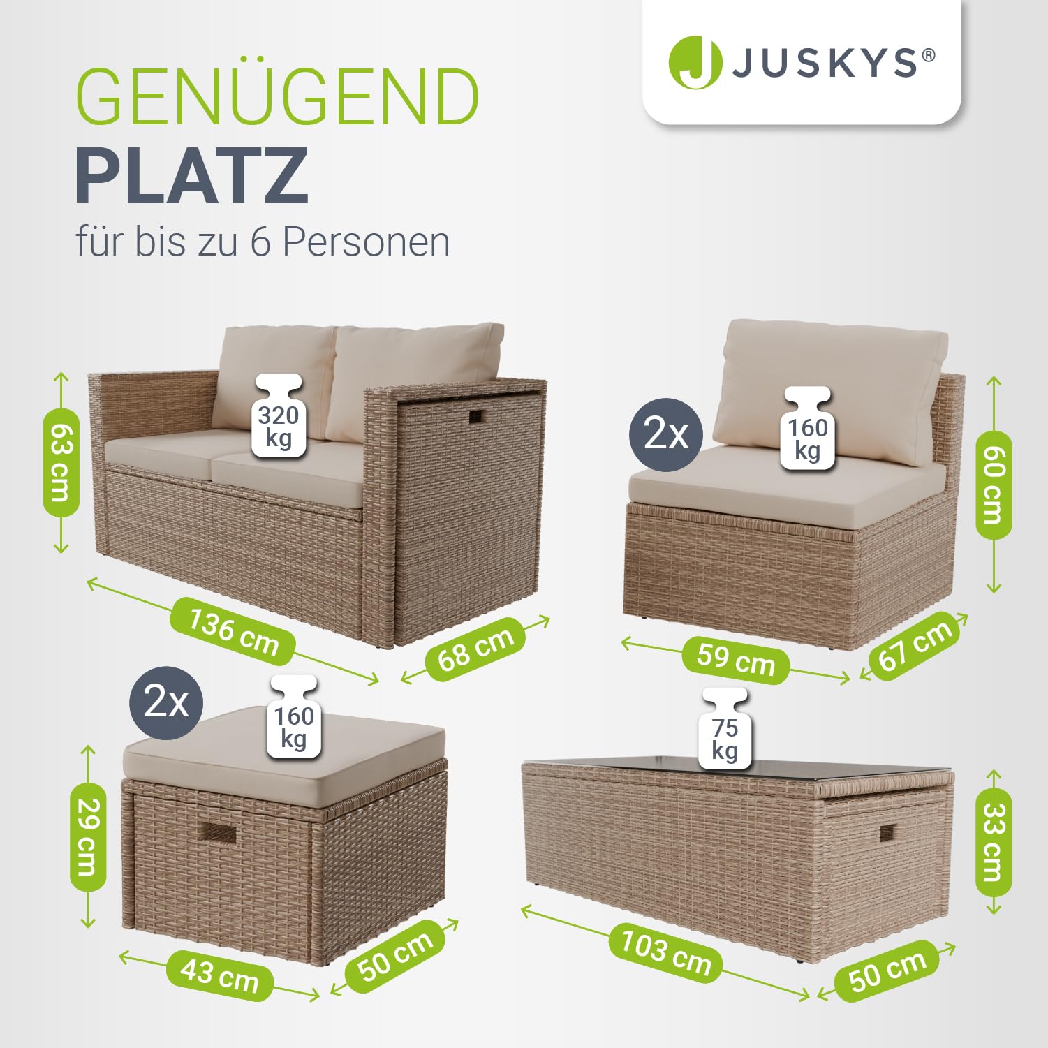 Juskys® Polyrattan Gartenmöbel Set Salou inkl. Abdeckung - Outdoor Lounge wetterfest 6 Personen - Sitzecke mit Tisch & Kissen für Garten, Balkon, Terrasse - Creme/Sand