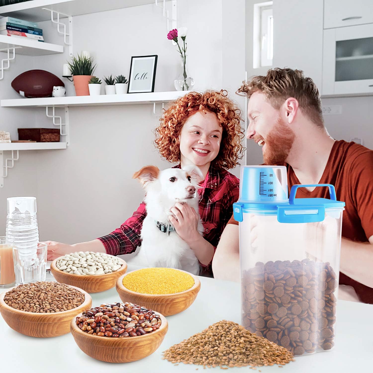 Yicostar Pet Food Storage Container, Airtight Small Dog Food Container Cat Food Container with Measuring Cup, Upgraded Large Pour Spout and 4 Seal Buckles Food Dispenser for Pets Food and Birds Seed : Pet Supplies