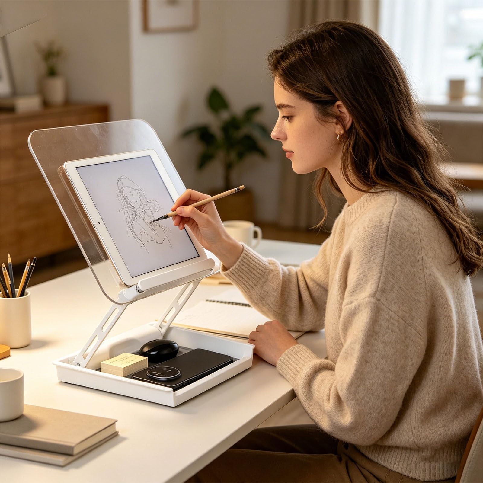 Supporto per libri in acrilico trasparente con cassetto nascosto regolabile per leggere lavori cucina, contenere tablet, libri cucina, accessori da scrivania