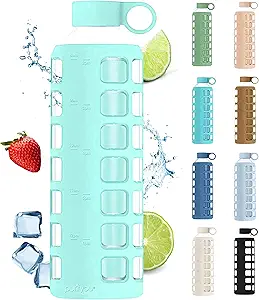 purifyou 40oz / 32oz / 22oz / 12oz Borosilicate Glass Water Bottle with Time & Volume Markers, Silicone Sleeve, Stainless Steel Lid | Reusable Glass Bottle for Water & Juice (32oz Glow-in-the-Dark)