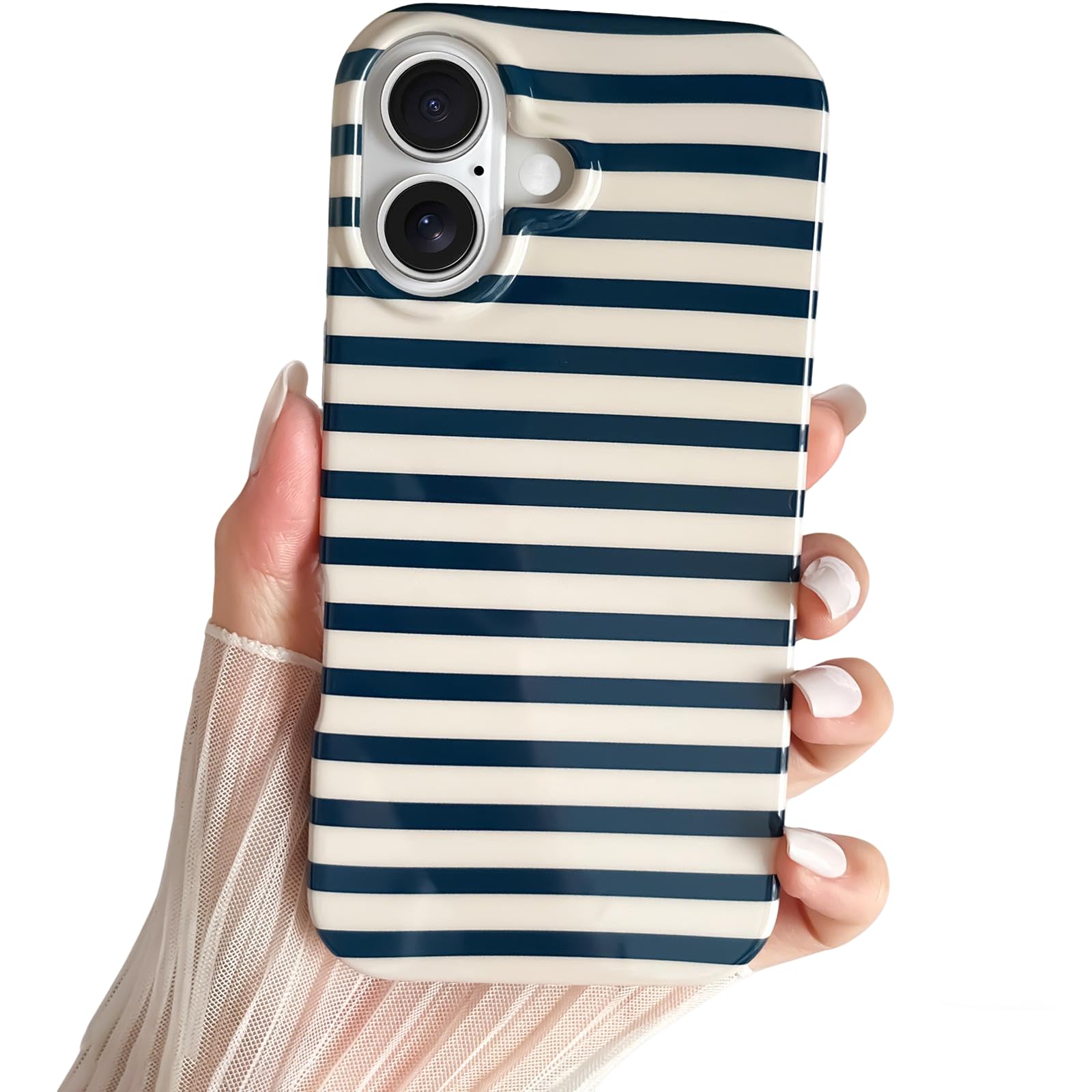 SmoBea Kompatibel mit iPhone 16 Hülle, Süßes horizontal Striped Handyhülle, weiches, schlankes, stoßfestes TPU-Telefoncover für Frauen und Mädchen, schön und stilvoll,Marineblau