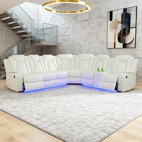 Juego de sofá modular reclinable eléctrico para sala de estar, juego de sofá reclinable de cuero con luces LED / almacenamiento oculto, sofá en