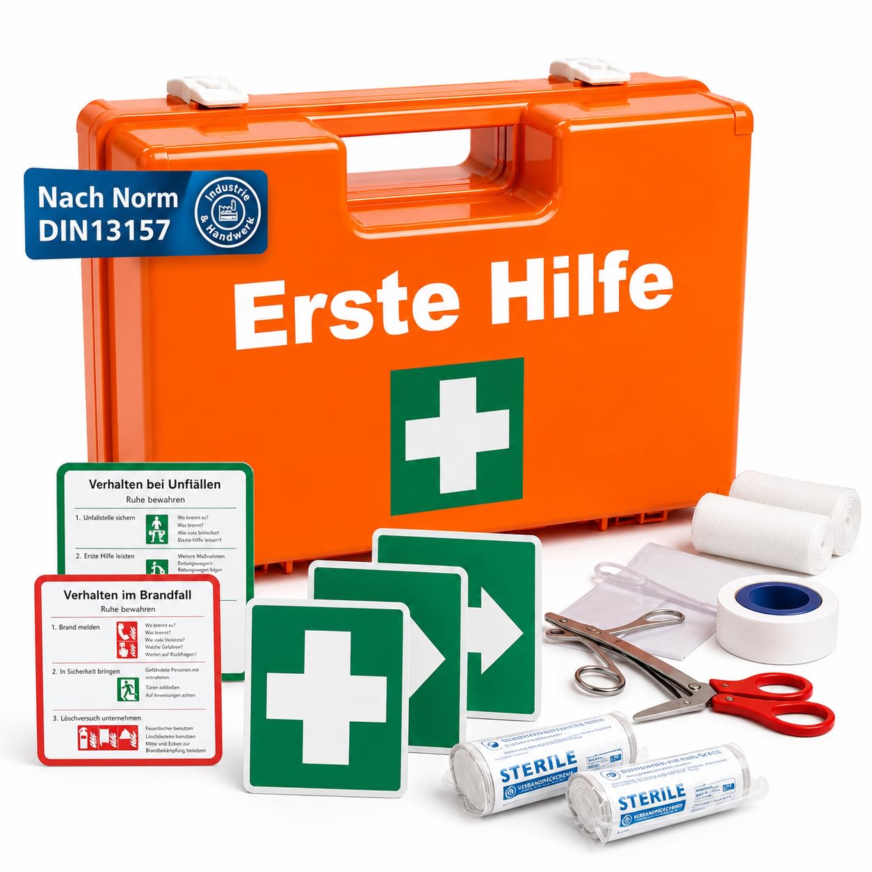 Botiquín de primeros auxilios - Caja DIN 13157 para pared, hogar y empresa - y 5 pegatinas - botiquín de primeros auxilios naranja - incl. montaje en pared