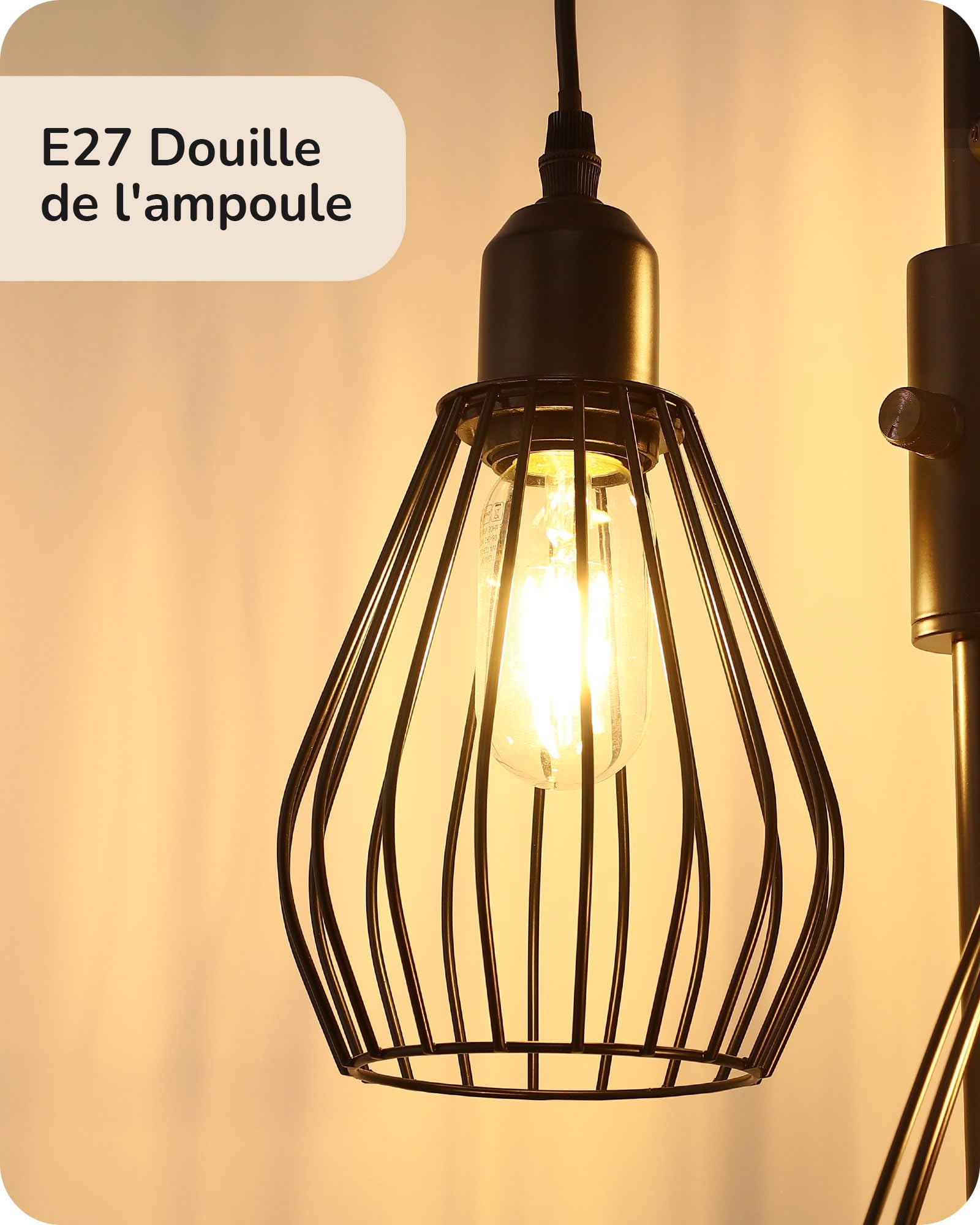 EDISHINE Lampadaire Salon, 3 Lumières, LED Dimmable, Vintage