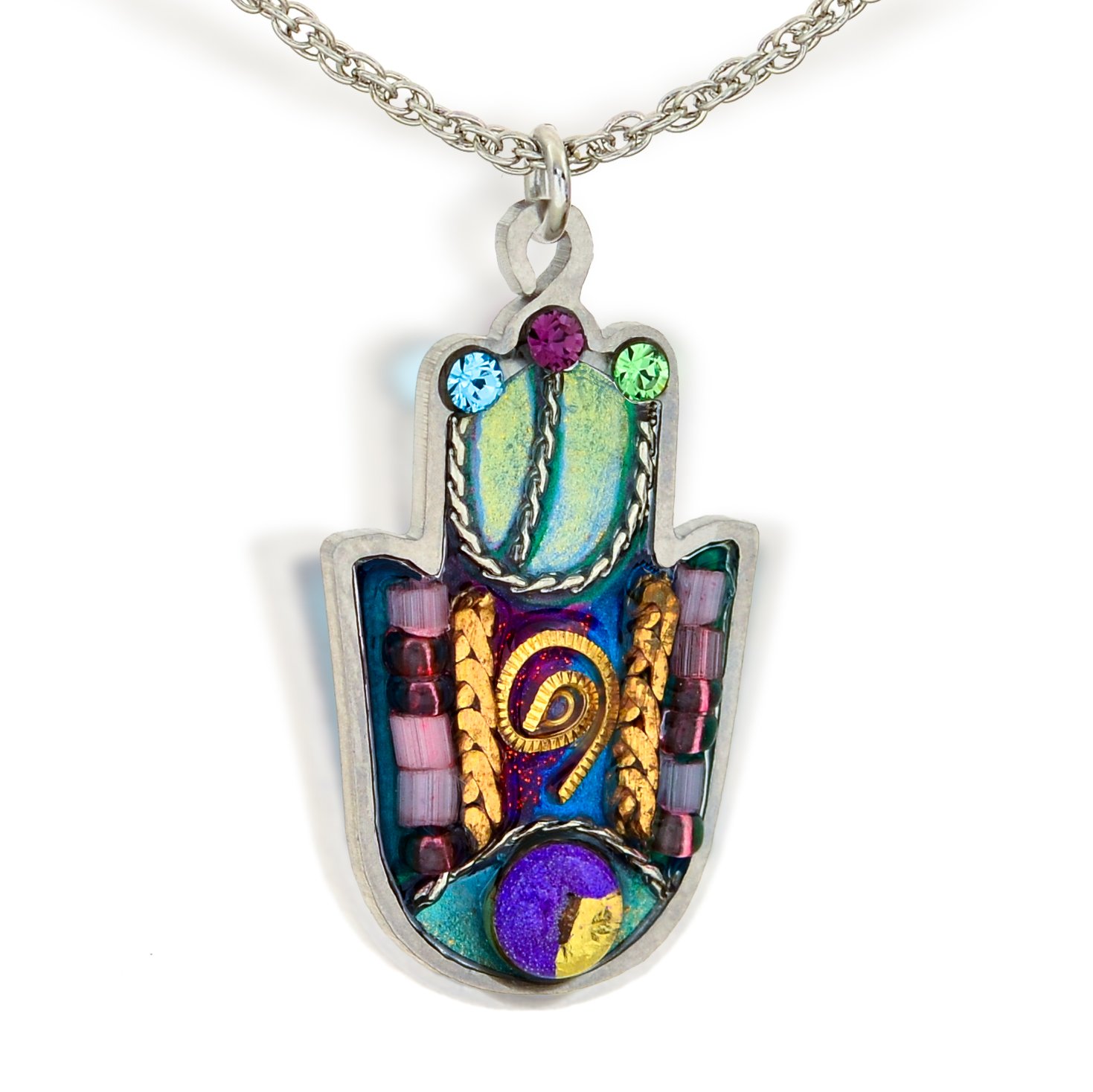 The Artazia CollectionSeeka Green and Pink Hamsa with Shaddai Necklace to Protect from the Evil Eye, N0617GR