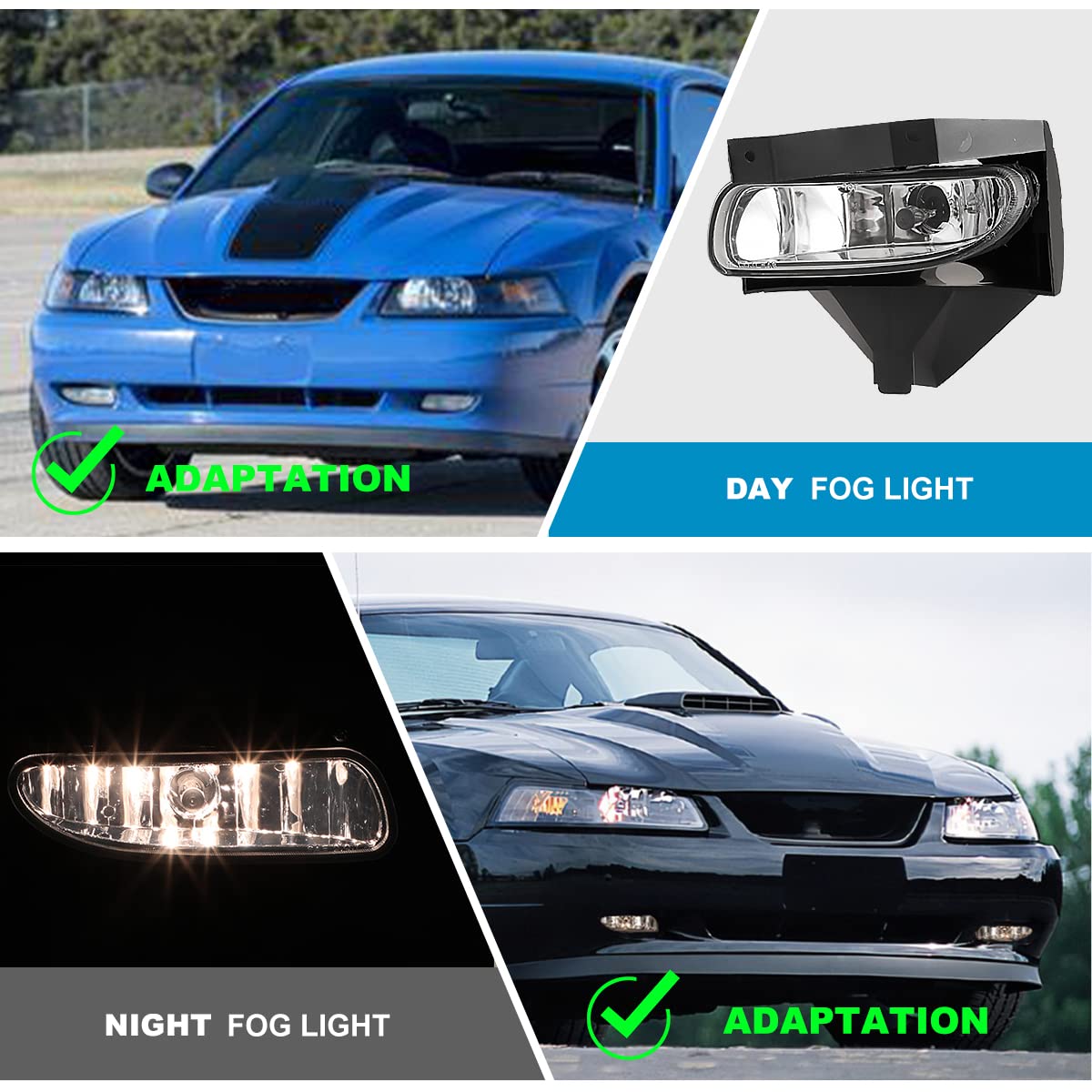 Fog Light Kit For 1999-2004 Ford Mustang | Smoke Lens Halogen Assembly With Wiring | Direct Replacement, DOT/SAE