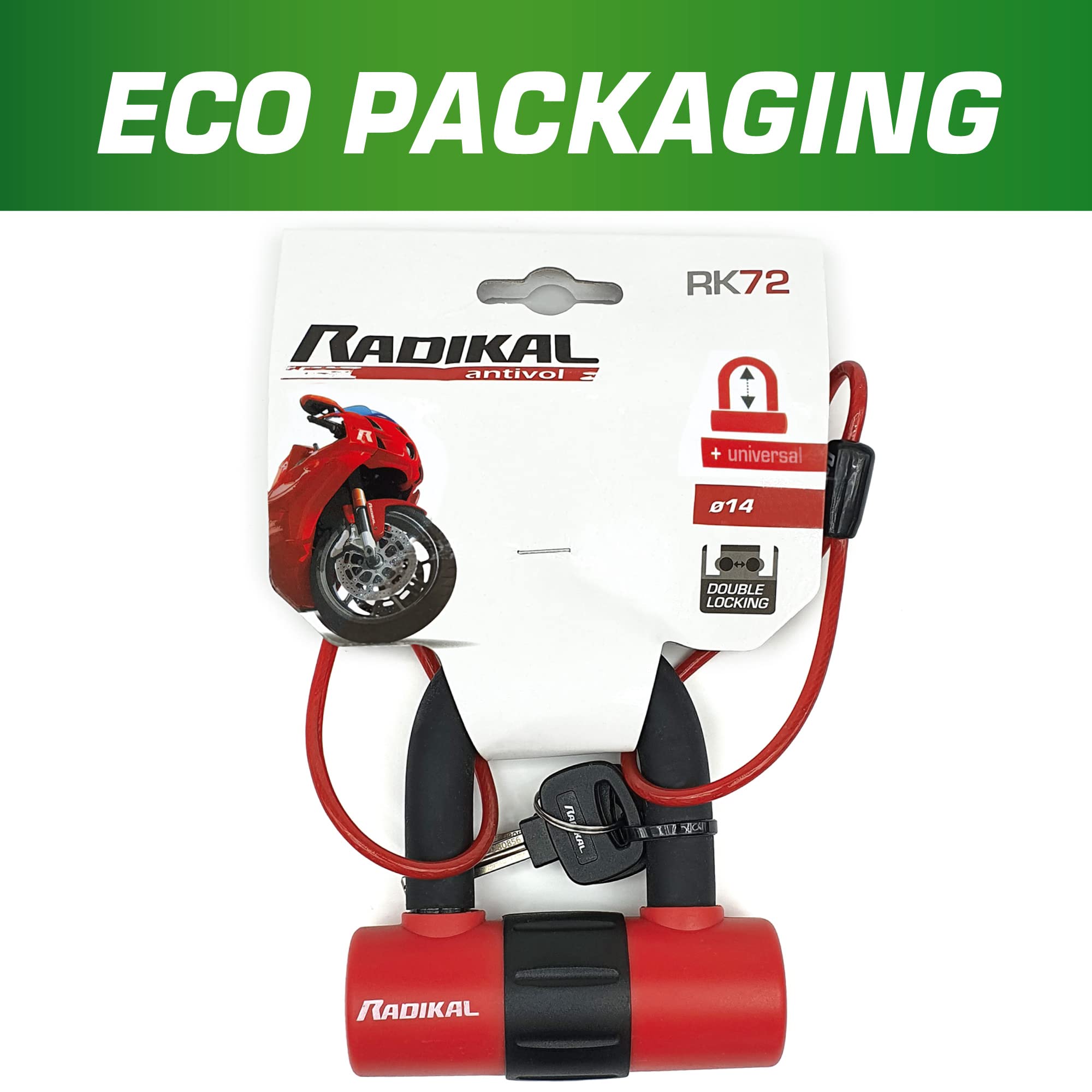 RADIKAL RK72 Lucchetto Antifurto Moto Mini U, Doppia Sicurezza e Doppia Funzione per Disco o Catena, Archetto 14mm e Serratura ad Alta Sicurezza, Cavo Promemoria, Bloccadisco per Moto, Scooter e Bici