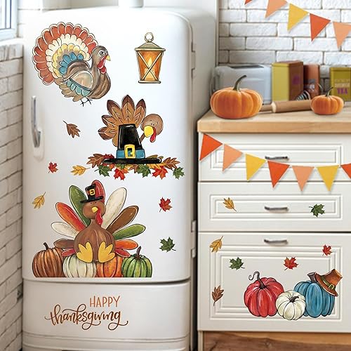 Miniatura 5 de Mfault 81 calcomanías para ventana de pavo de Acción de Gracias, 4 hojas, calcomanías de hojas de arce y calabaza de otoño, decoración de