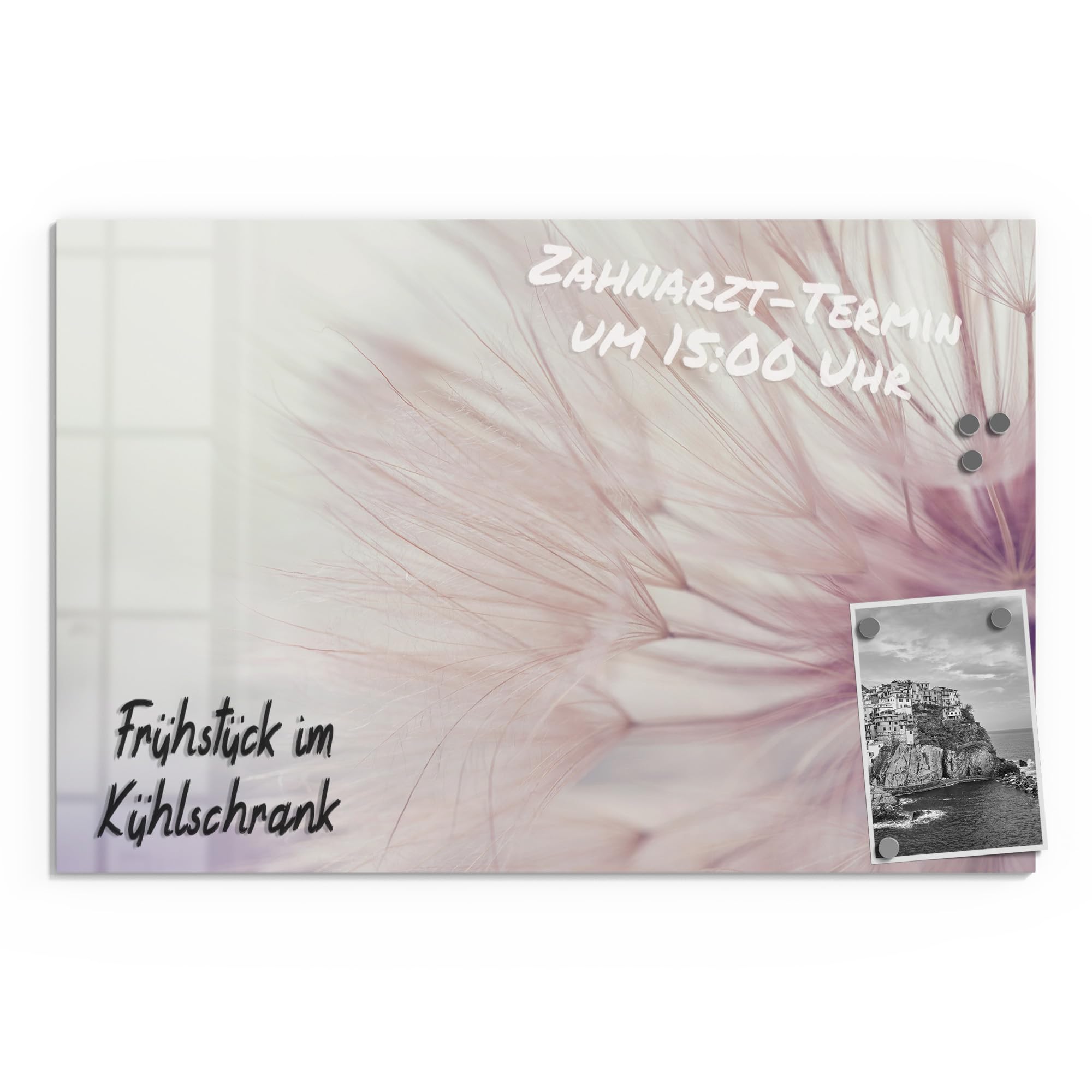 DEQORI Glas-Magnettafel | 60x40 cm cm groß | Motiv Zarte Pusteblume | Memo-Board aus Glas | Magnetboard inkl. Magnete, Stift & Tuch für Küche & Büro | Tafel magnetisch & beschreibbar