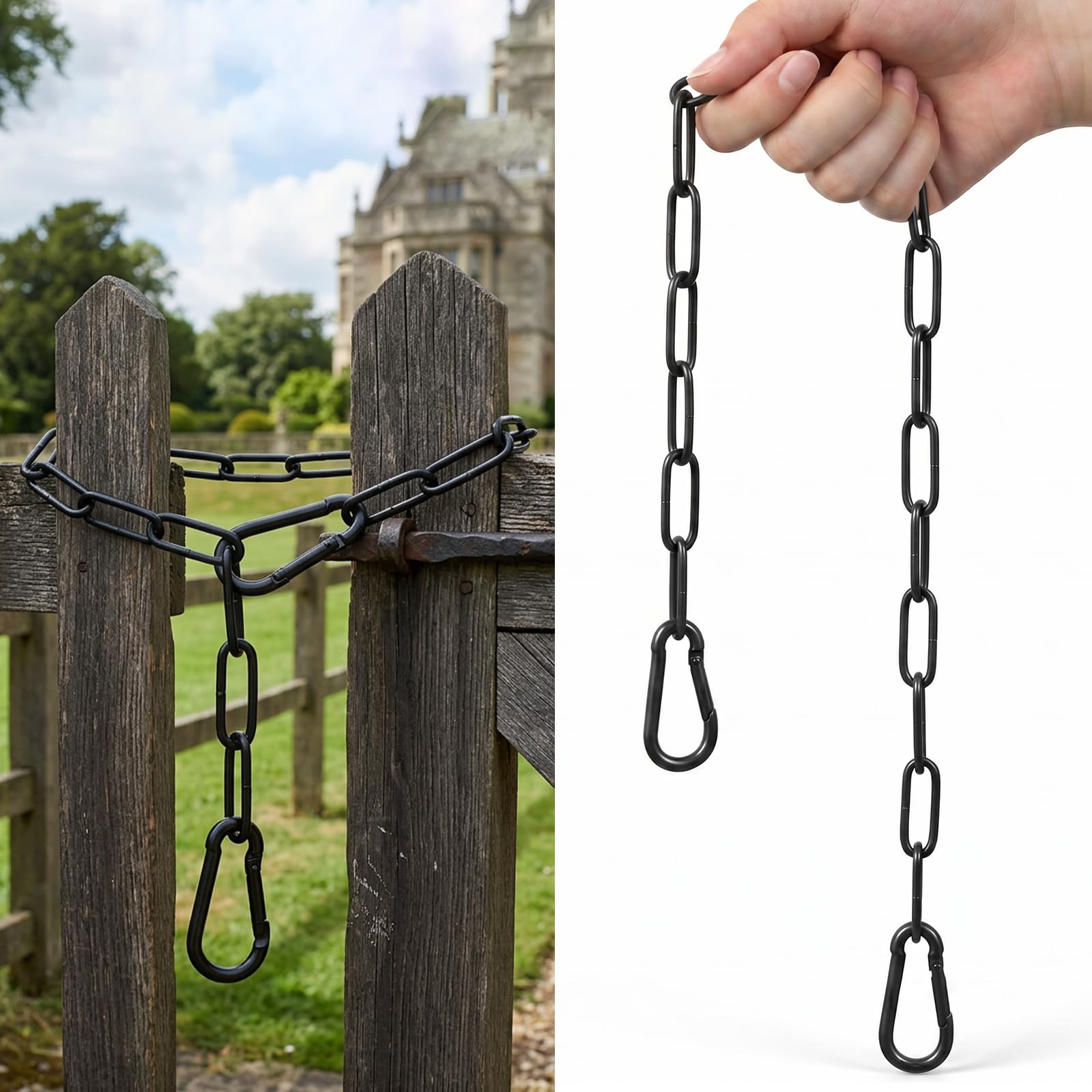 20 inch chain link fence lock, gate chain black gate lock with carabiners for outdoor fences dog cage locks backyard chains locks stall supplies