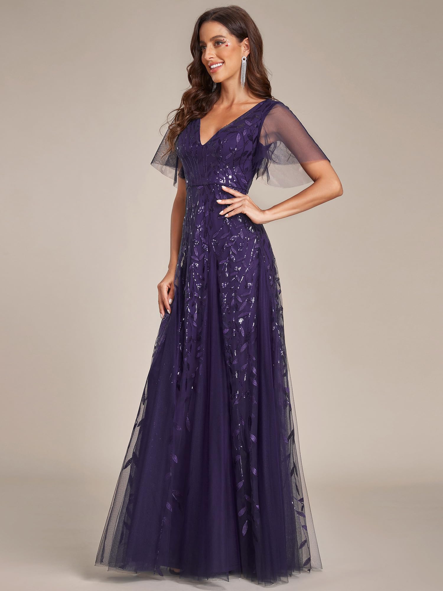 Ever-Pretty Robes de Soir e Femmes Longues Manches Volants Tulle Paillettes de Feuilles Col V Chic Bordeaux 36