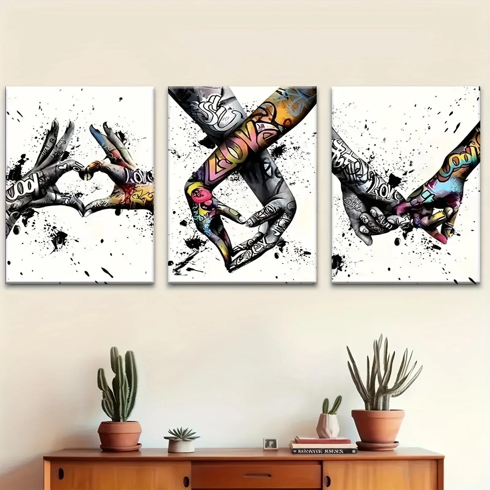 Yocheng 3pcs Of Wall Art, Abstract Art Street Graffiti Love Hand In Hand Canvas Printing Mural 50x70cmx3 No Frame