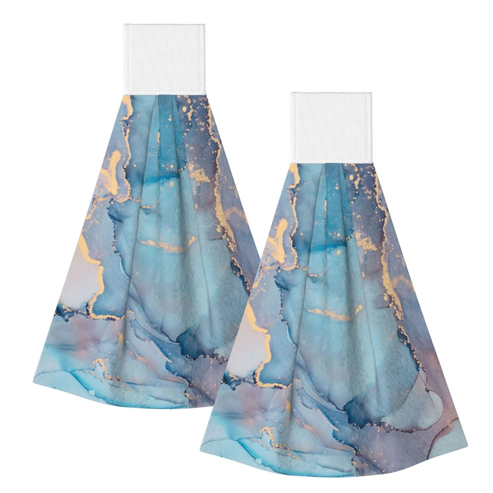 DOPKLNA Blue Gold Marble Texture Ocean Art, 2 Pcs Hanging Coral Fiber Hand Towels for Bathroom, Absorbent Kitchen Towels