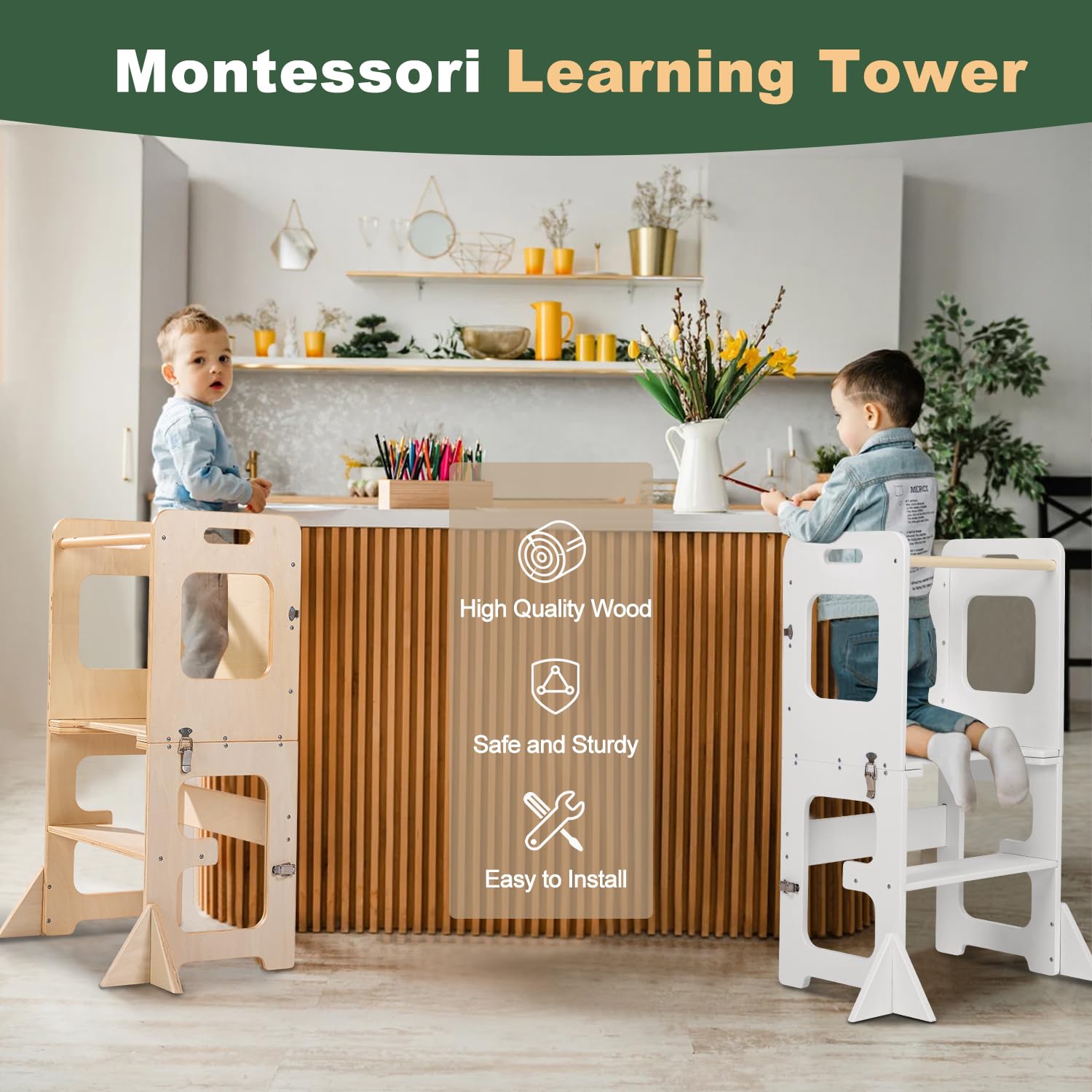 Labebe Lernturm für Kinder, Montessori Faltbarer Lernturm mit Tafel, Multifunktion 3 in 1 Learning Tower, Höchste Sicherheit für Kinder ab 18 Monate für Küche Tisch Bad Lernstuhl Lerntower（Weiß）