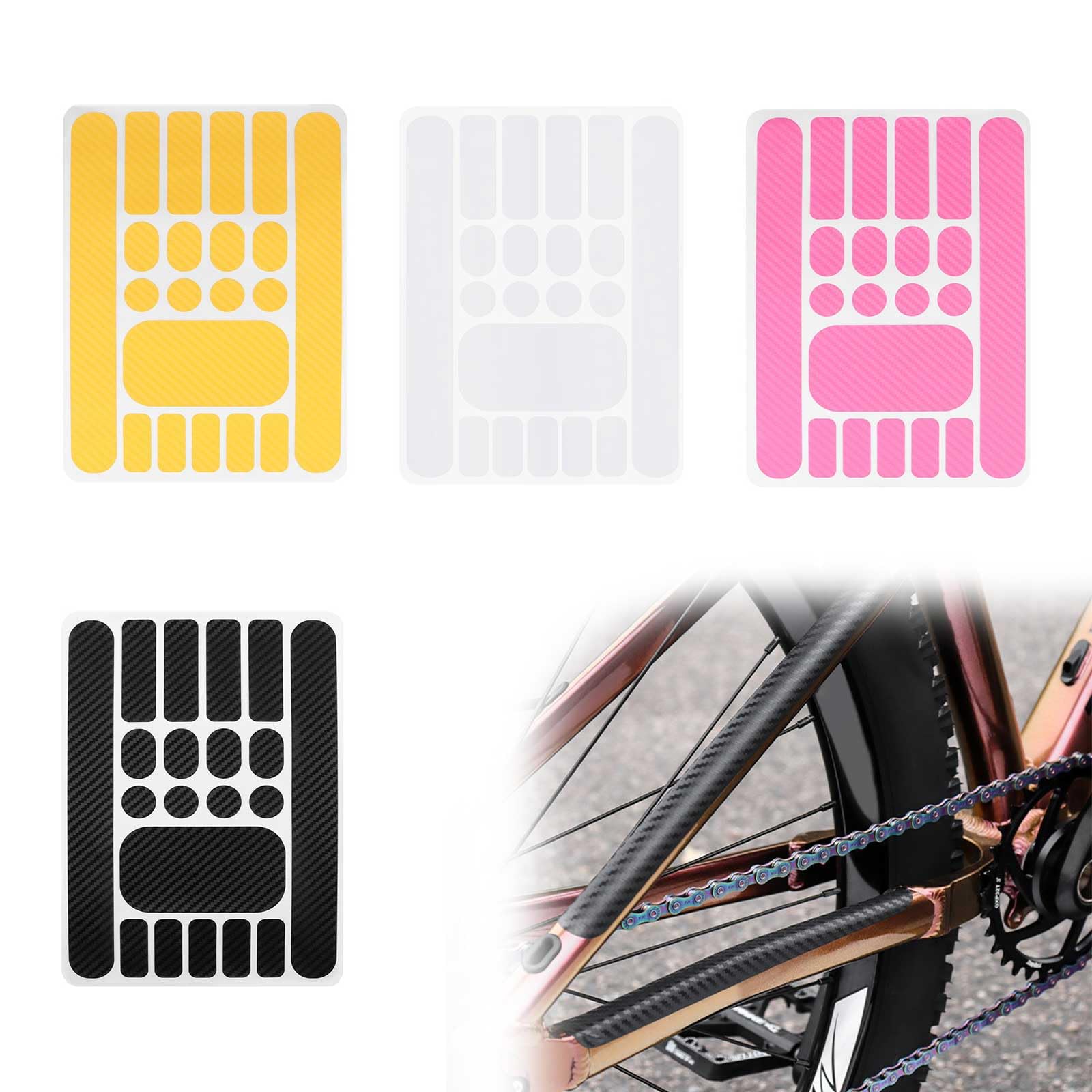Lot De 4 Films De Protection Cadre Vélo AMONENZ – Noir, Rose, Jaune, Transparent – PVC Souple, Effet Carbone, Anti-rayures