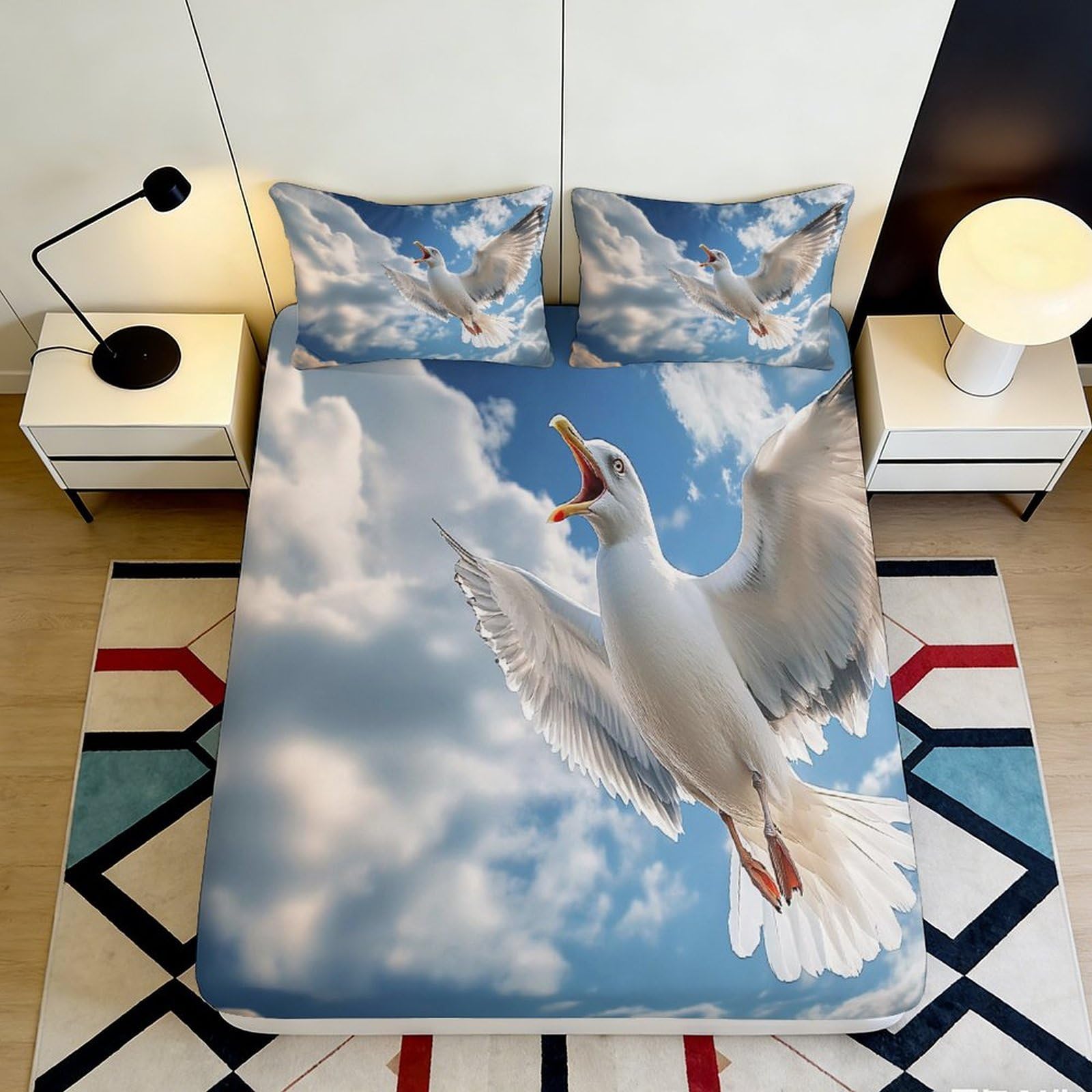 Pnayamiorkfel Style-2 3D Printed Seagull Sky Fitted Sheet Microfiber Anti-Slip Easy Care Bed Cover For Bedroom Guest Room Decor 90X200x25cm