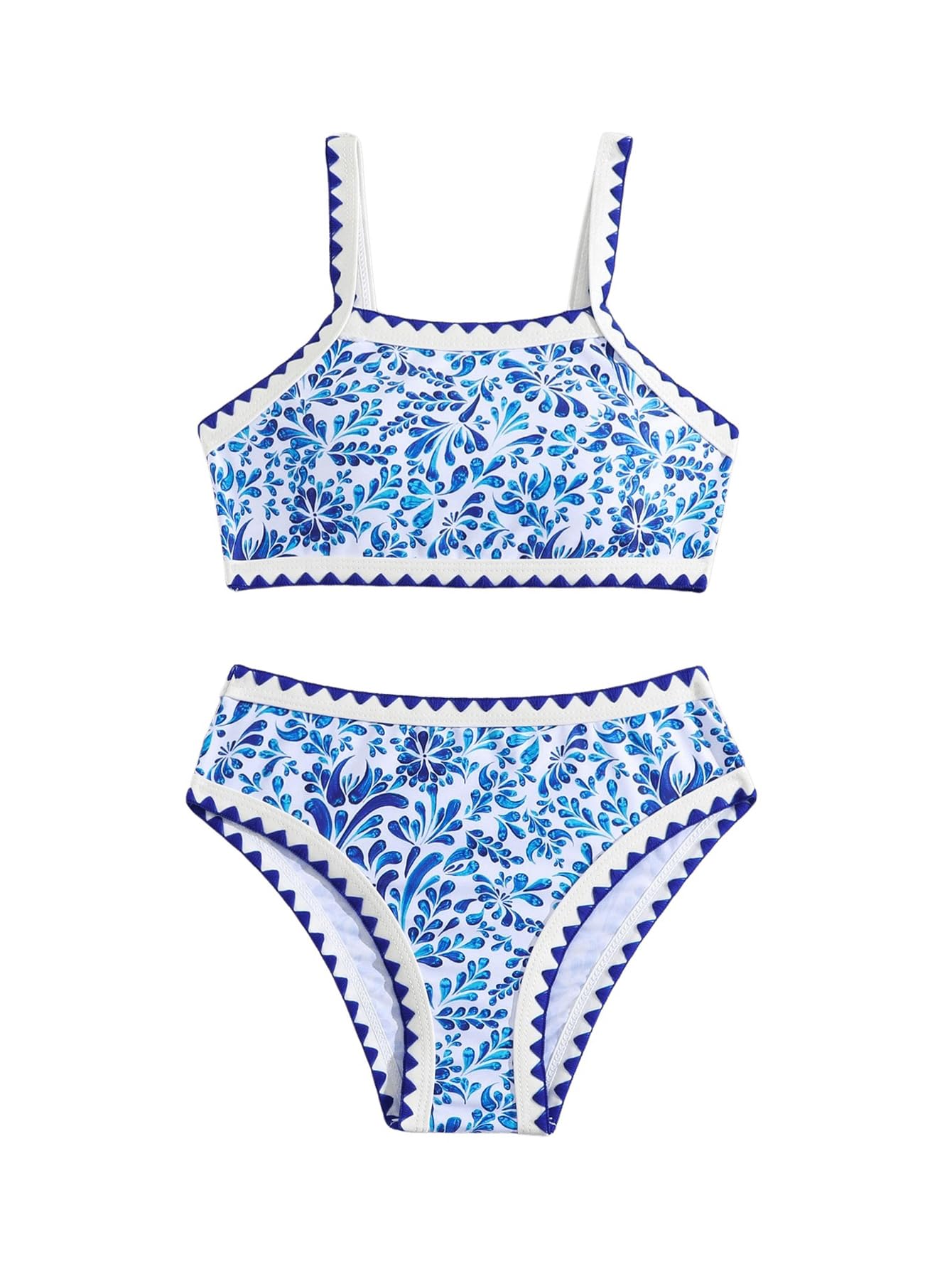 SHENHE Girl's High Waisted Swimsuit Floral Graphic Contrast Binding 2 Piece Tankini Set Swimwear