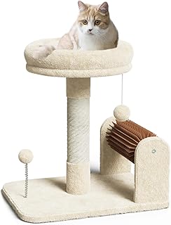 BYPASS 4 in-1 Cat Scratching Post for Indoor Cats 17.72" Small Cat Tree with Sisal Scratching Posts, Cat Self Groomer, Large Padded Top Perch, Spring and Dangling Balls, Cat Furniture for Kittens Cats