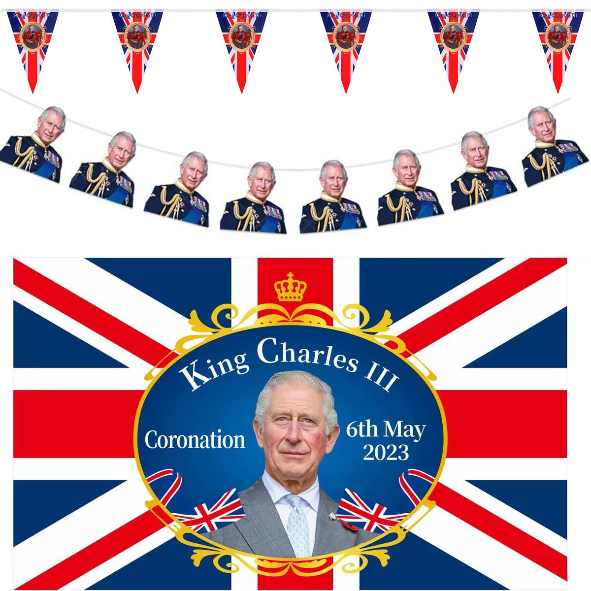 Krönungs-Wimpelkette King Charles – Union Jack Flaggen, 5 Meter, 15 Flaggen – Straßenparty-Dekoration