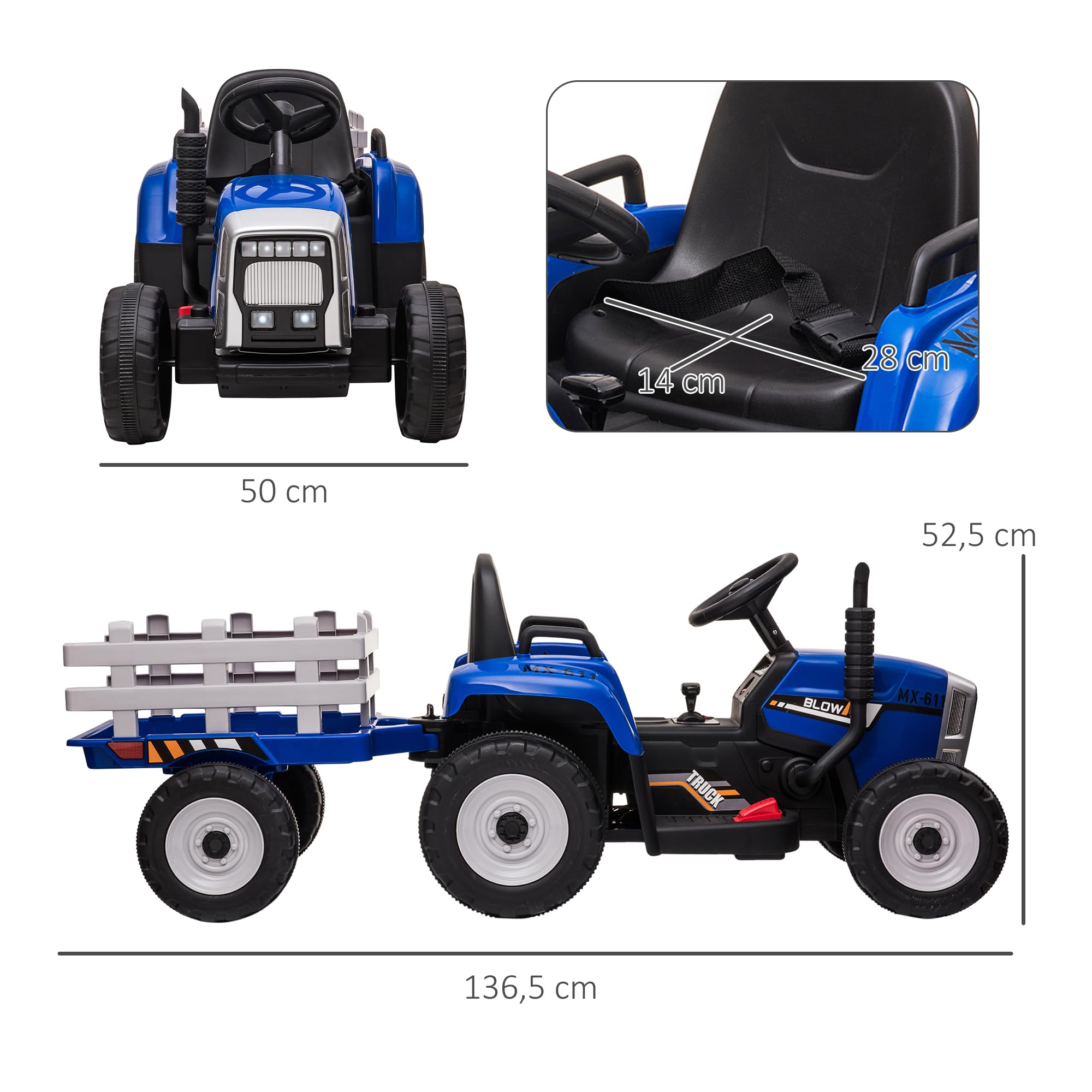 Traktor elektryczny dla dzieci, MP3, 3-6 km/h, Niebieski
