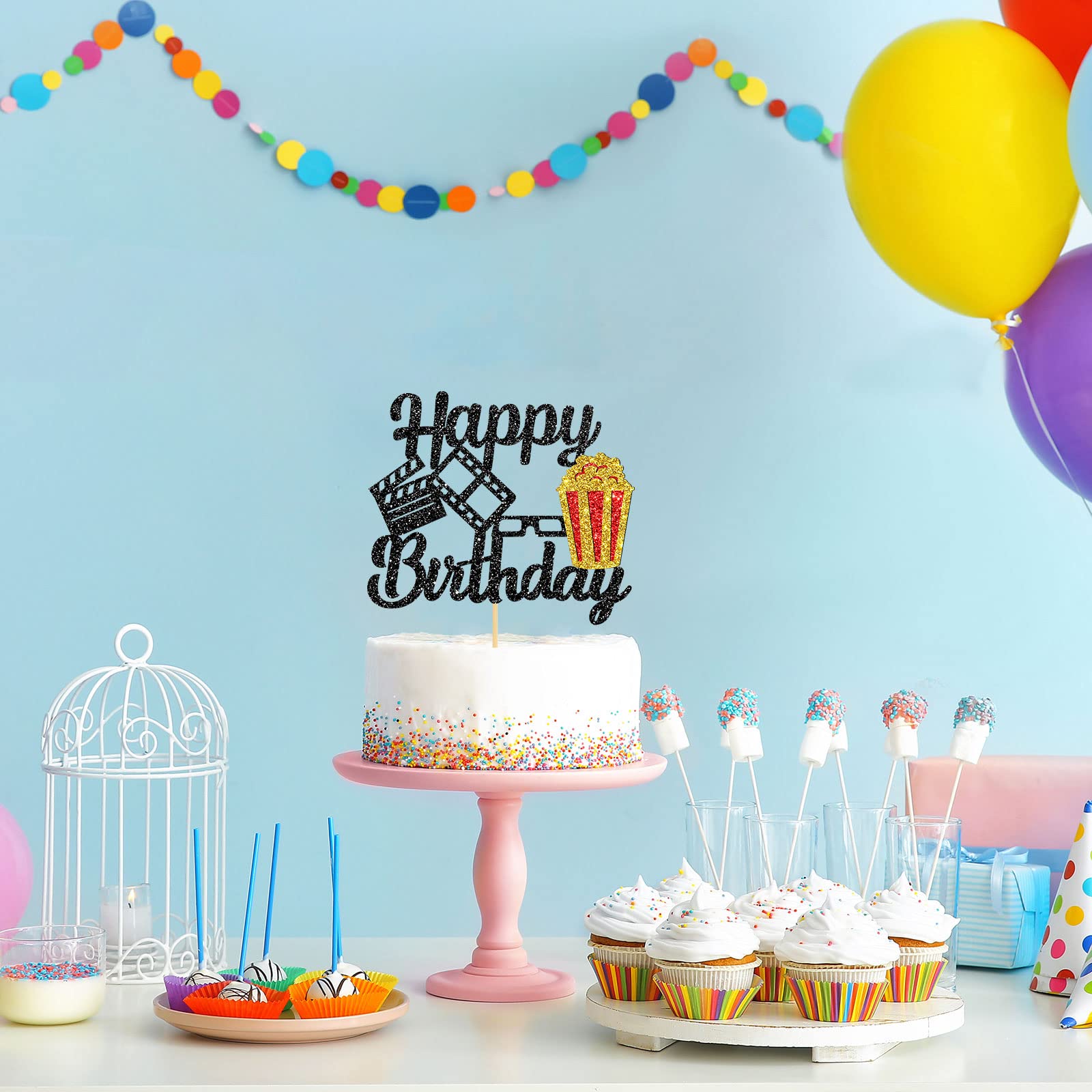 Movie Night Glitter Cake Topper - Popcorn & Ticket Decoration For Kid's Birthday, Retro Theater Party Theme - View #5