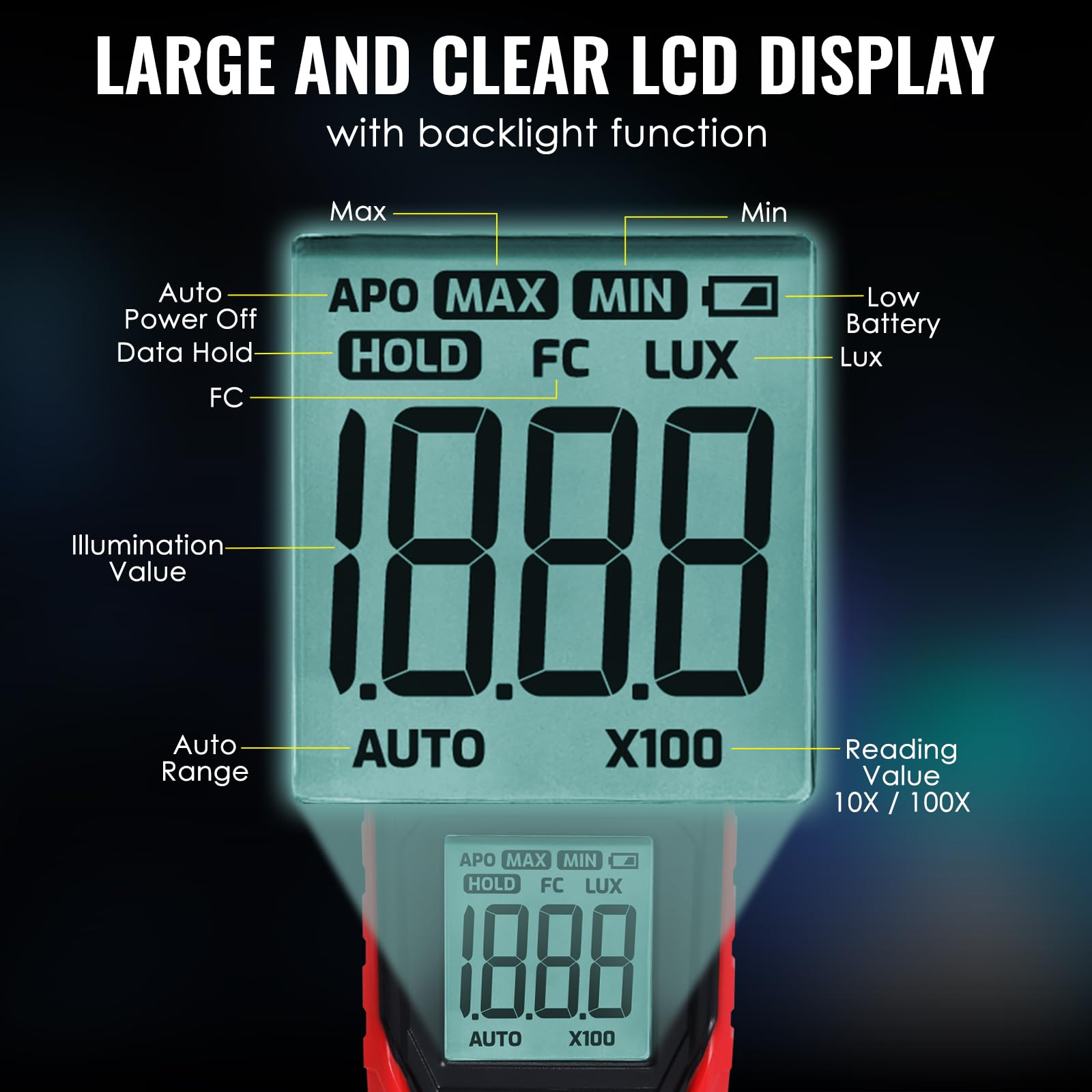 Luxmetro digitale 0,01-200,000 Lux per LED, piante, fotografia, luminanza, candele per piedi, alta precisione, sensore di illuminazione portatile, display LCD, gamma automatica, batteria inclusa