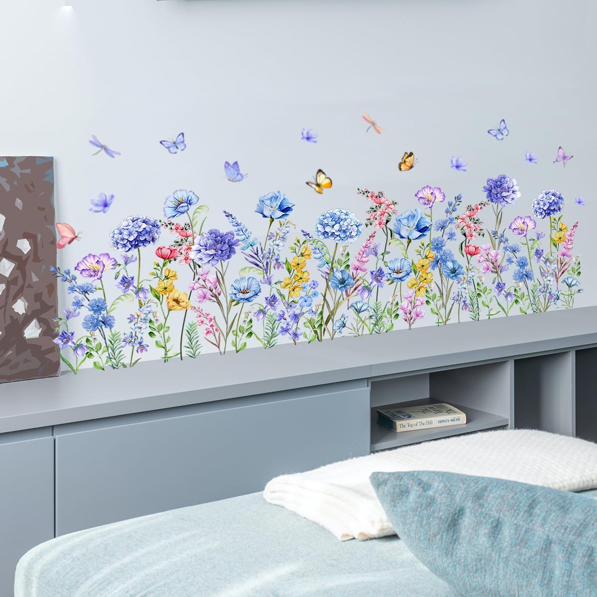 2 Pieces Purple Flowers Wall Decals Vinyl Hydrangea Wall Stickers Removable Floral Art Murals Peel and Stick Colorful Butterfly Decor for Girls Bedroom Living Room Nursery