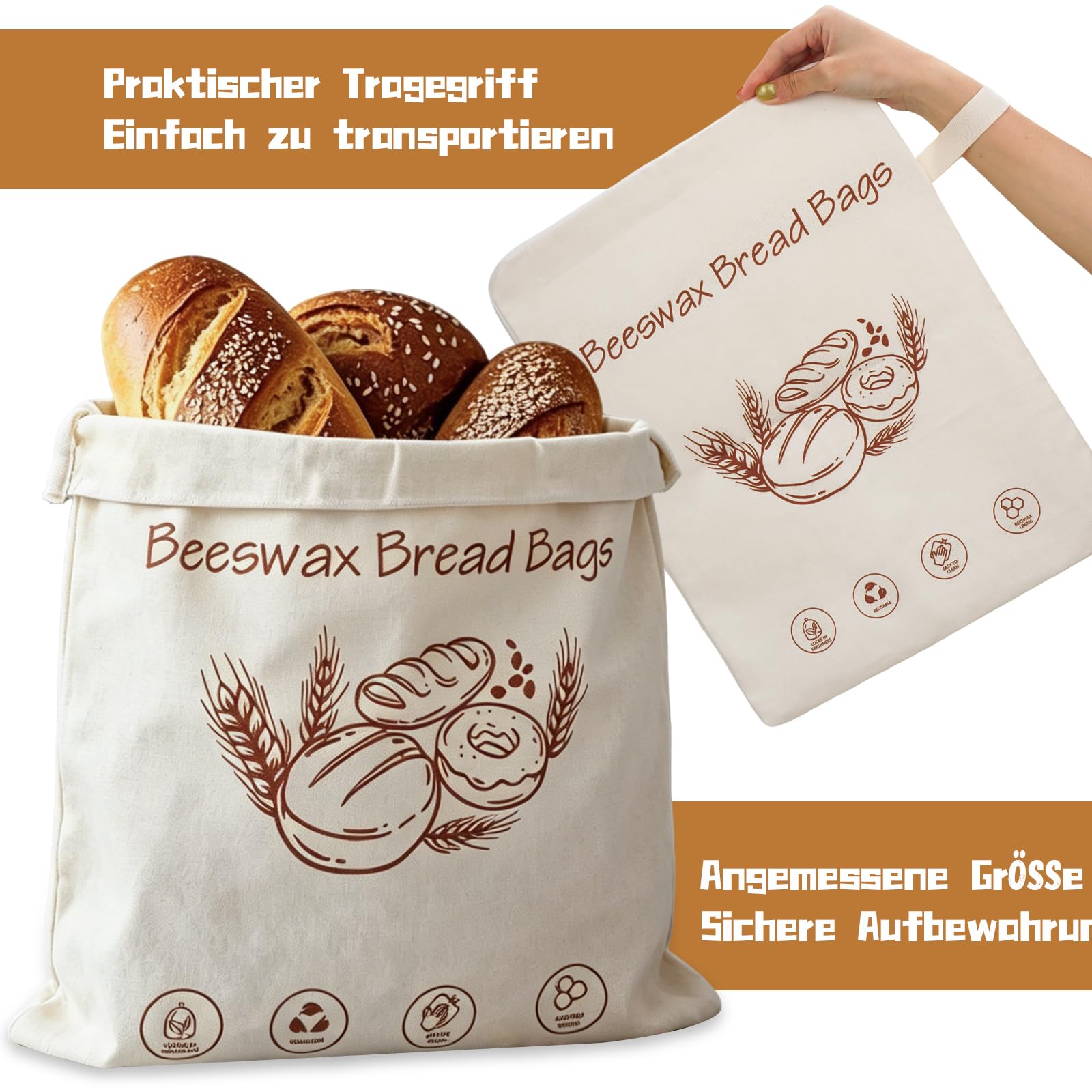 Set di 2 sacchetti per il pane, 41 x 31 cm, in cera d'api, riutilizzabili, per la conservazione del pane, la conservazione di prodotti da forno