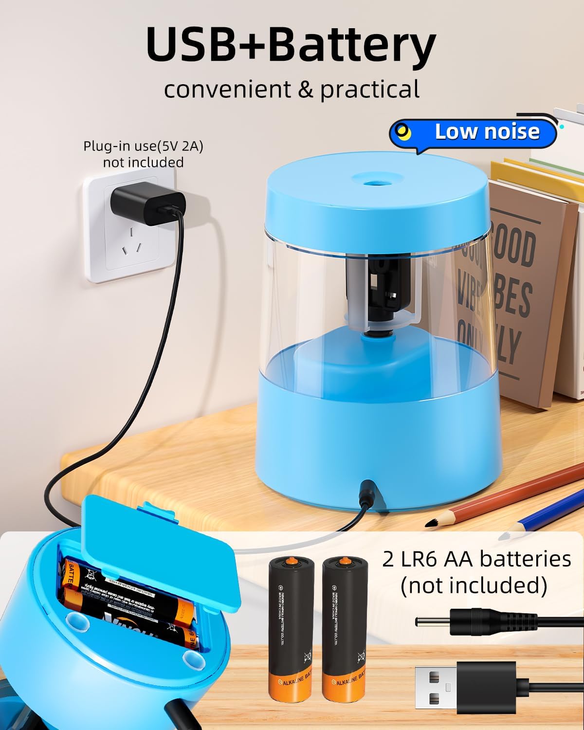 ZMOL Colored Pencil Electric Sharpener, Auto Stop, Plug-in Small Electric Sharpener Battery Powered for 6-8mm No. 2 Pencils Blue - Image 4