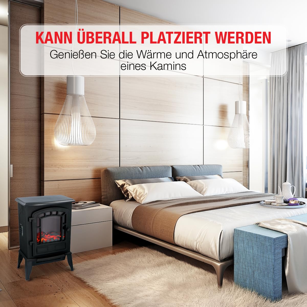 Torino Elektrokamin mit Heizung – Elektroheizung 2000W - Kaminofen mit Heizung, Schalttafel und Timer - Elektroherd mit LED-Flammen - Freistehend - Schwarz
